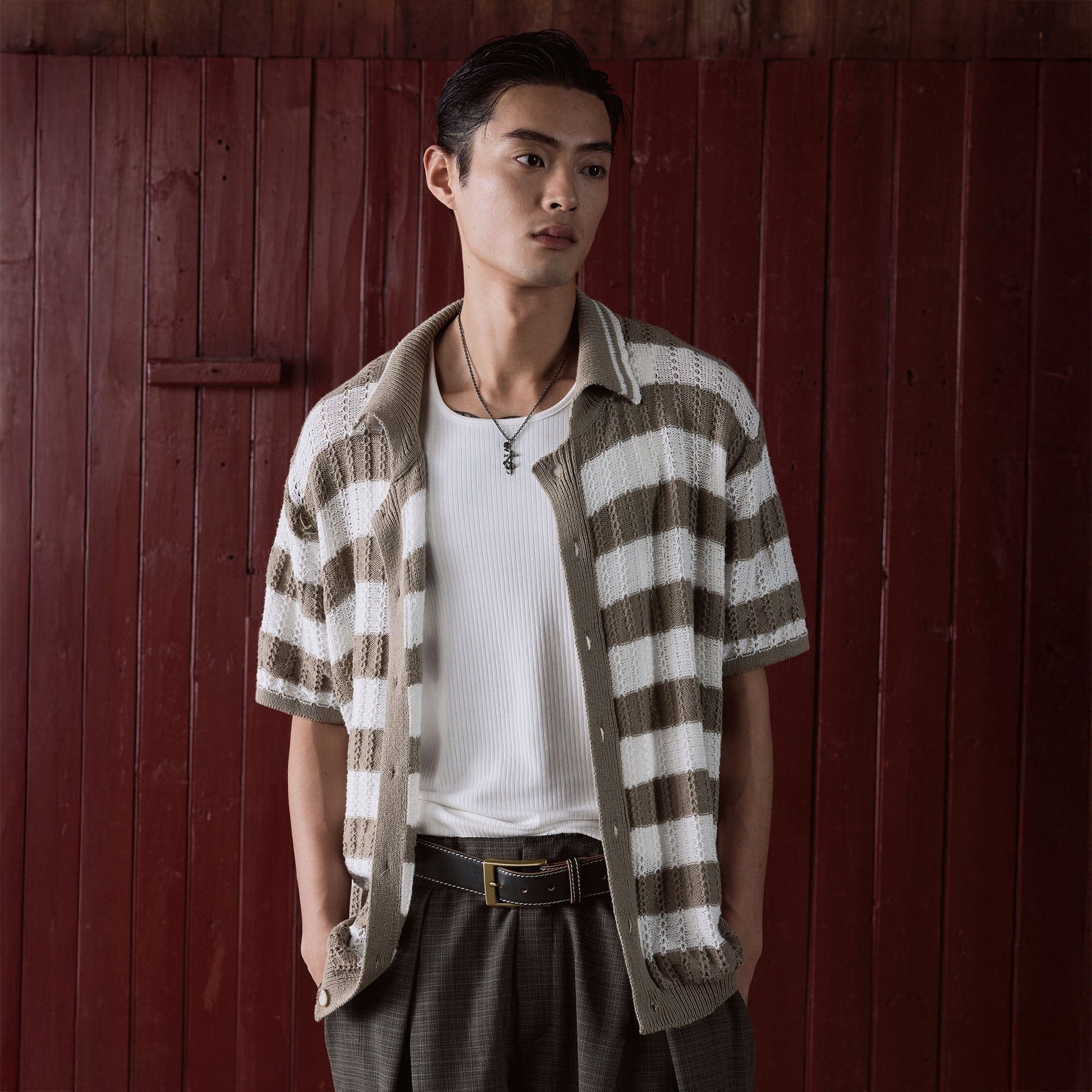 IN EXISTENCE Striped Openwork Jacquard Knitted Polo Cardigan-Shirt-S-Brown-Free Shipping Leatheretro