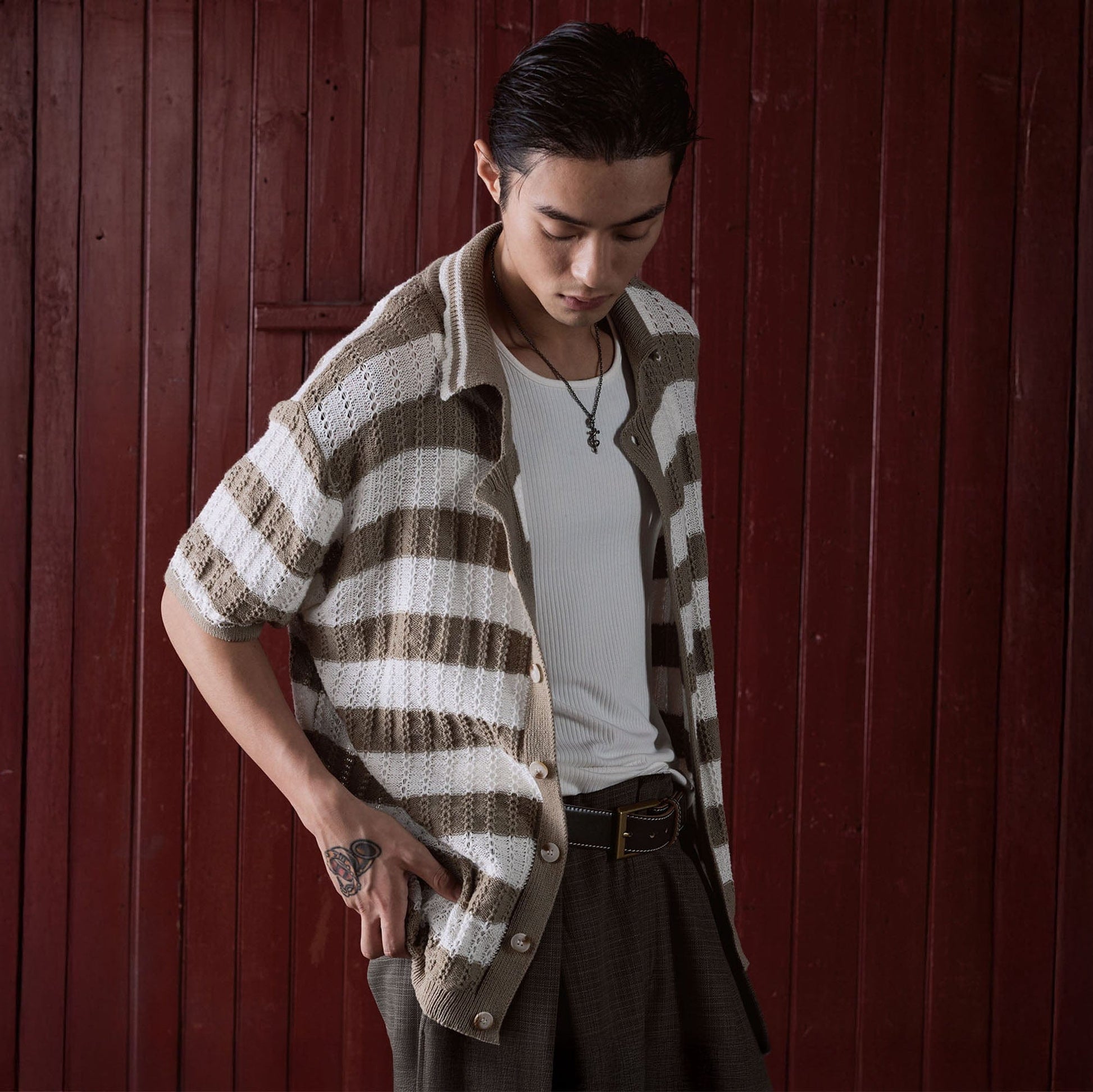 IN EXISTENCE Striped Openwork Jacquard Knitted Polo Cardigan-Shirt-S-Blue-Free Shipping Leatheretro