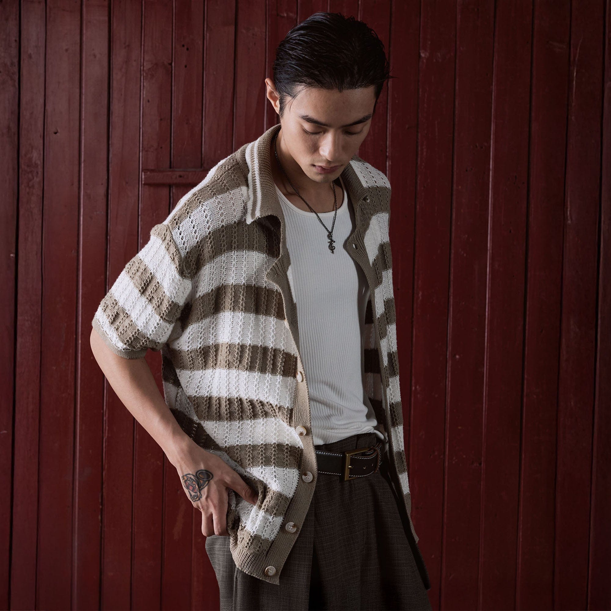 IN EXISTENCE Striped Openwork Jacquard Knitted Polo Cardigan-Shirt-S-Blue-Free Shipping Leatheretro