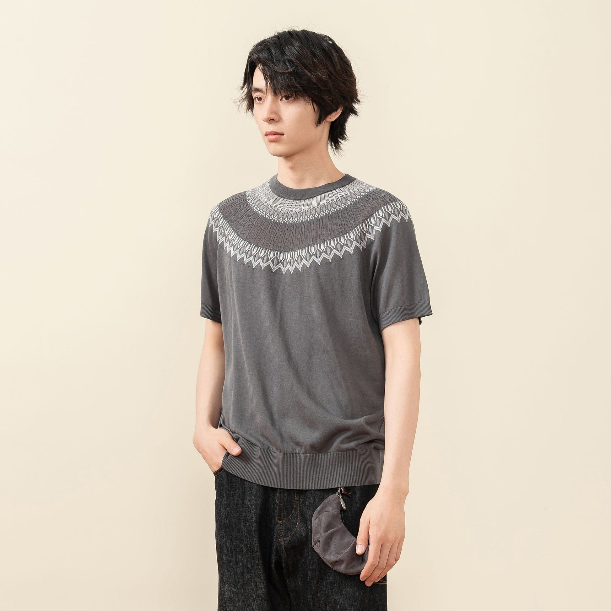 MOITIEDEPETALE Fair Isle Jacquard Tee-T Shirt-XS-Gray-Free Shipping Leatheretro