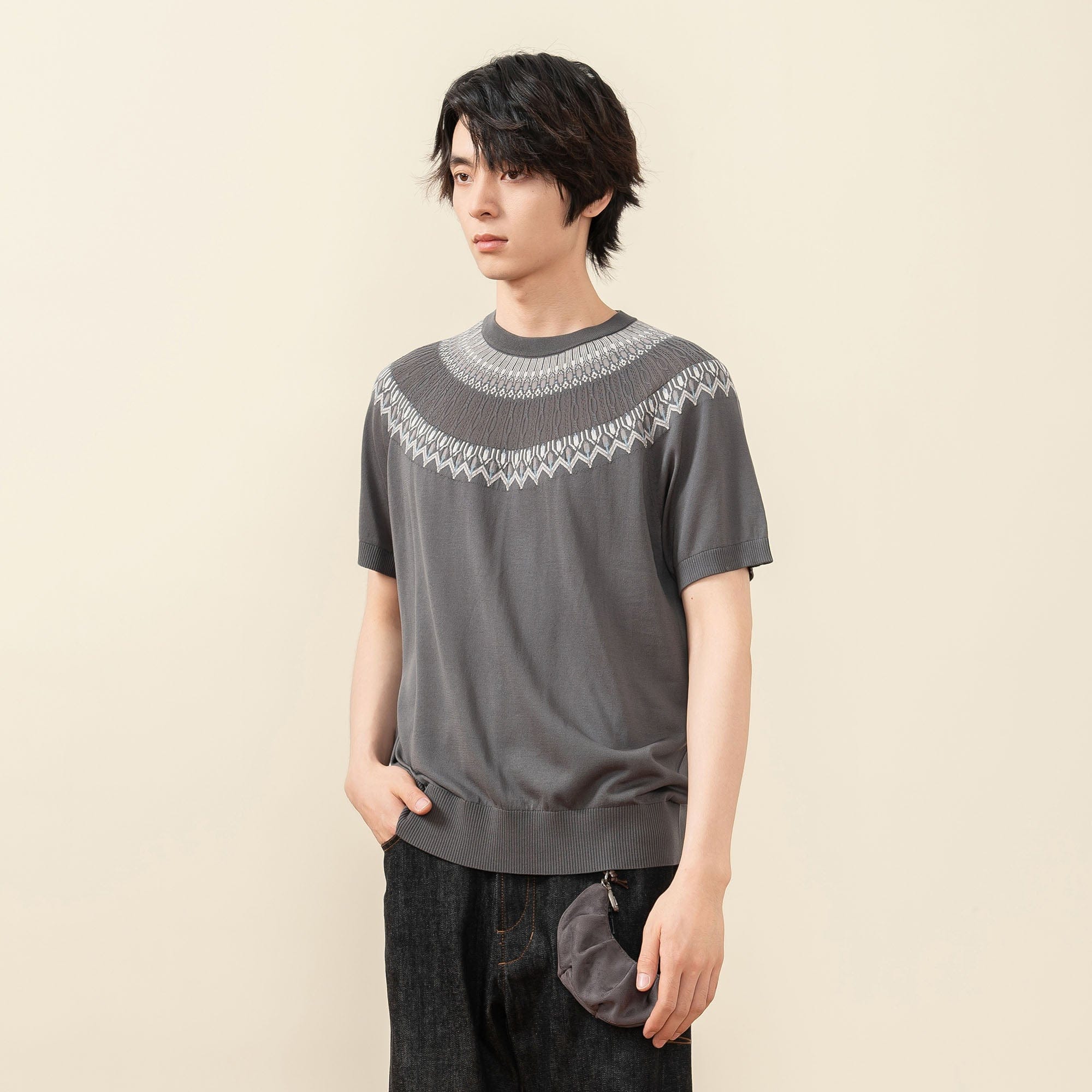 MOITIEDEPETALE Fair Isle Jacquard Tee-T Shirt-XS-Gray-Free Shipping Leatheretro