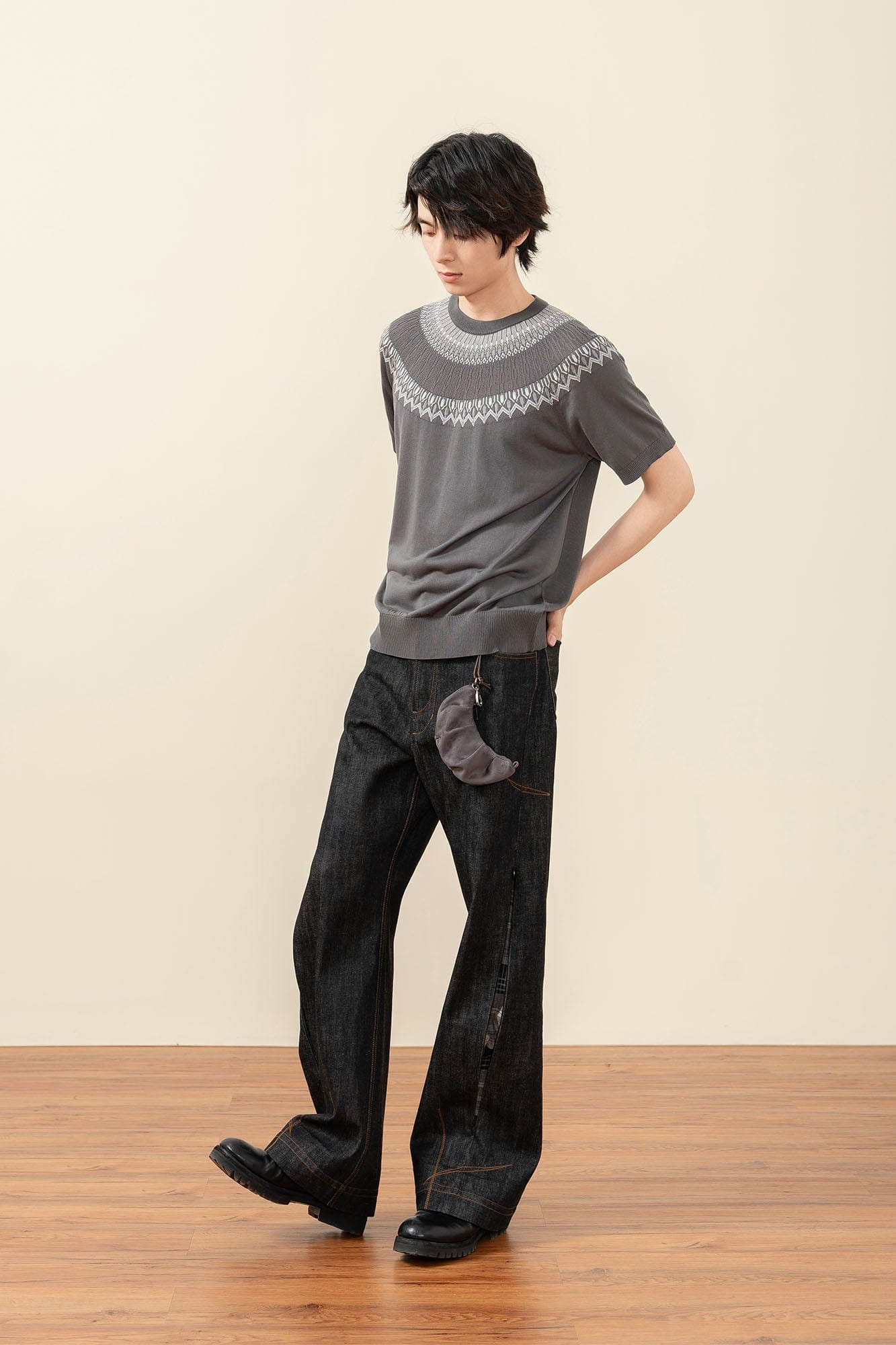 MOITIEDEPETALE Fair Isle Jacquard Tee-T Shirt-XS-Gray-Free Shipping Leatheretro
