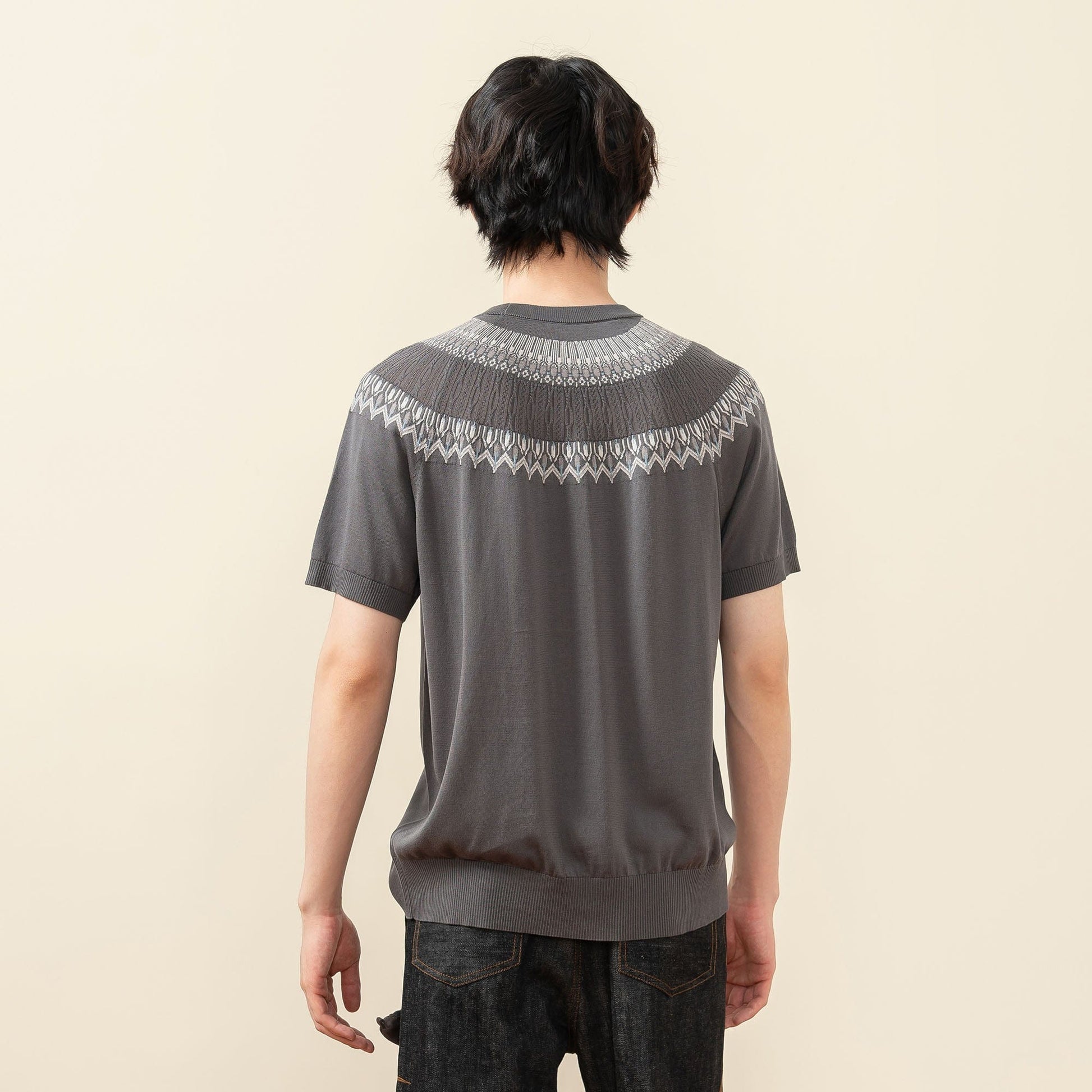 MOITIEDEPETALE Fair Isle Jacquard Tee-T Shirt-XS-Gray-Free Shipping Leatheretro
