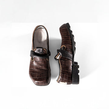 REWRITE Croc-Embossed Strap Loafers Brown-Shoes-39-Free Shipping Leatheretro