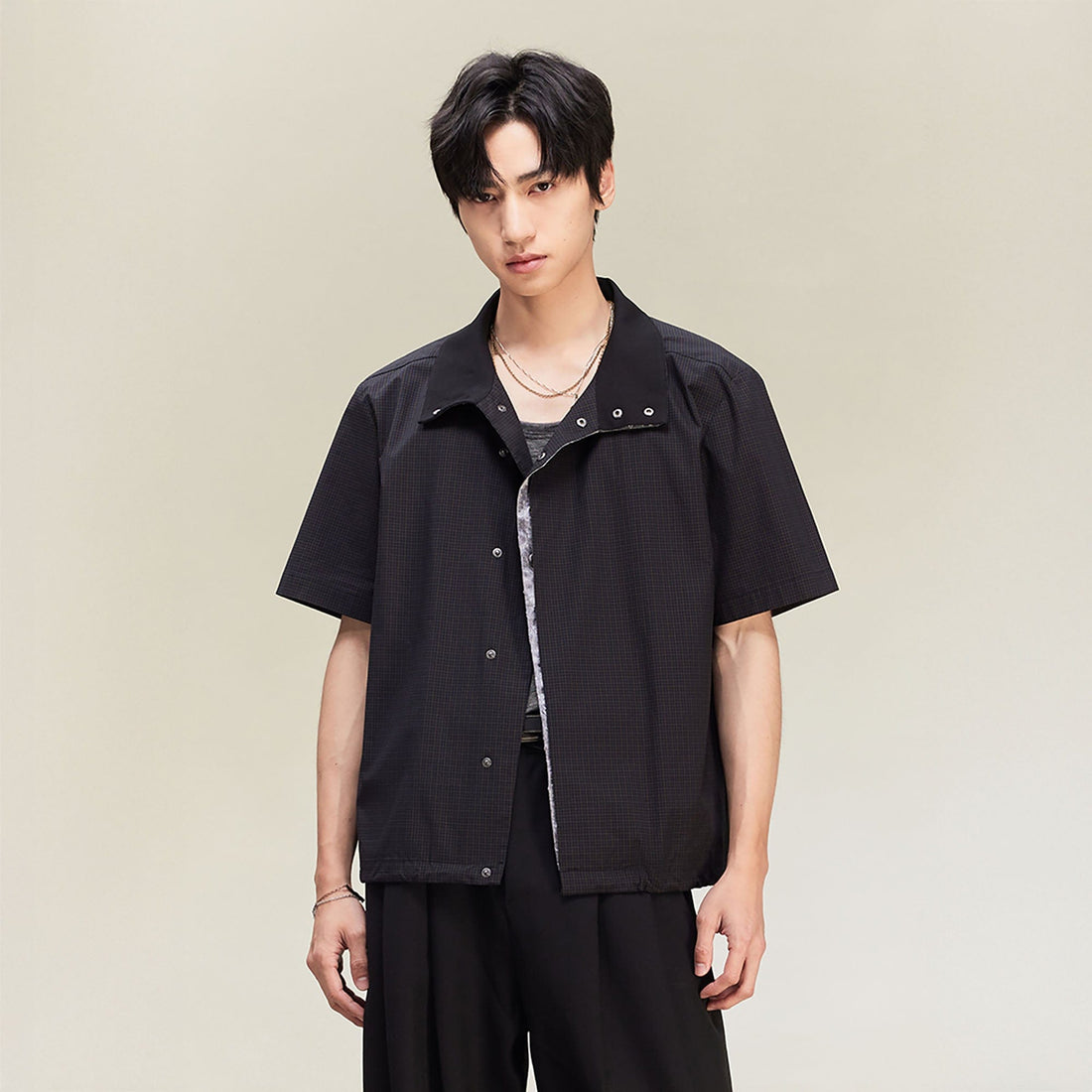 ALVNG AR ANTS Asymmetrical Snap Placket Mini Check Half Shirt-Half shirt-S-Dark Blue-Free Shipping Leatheretro