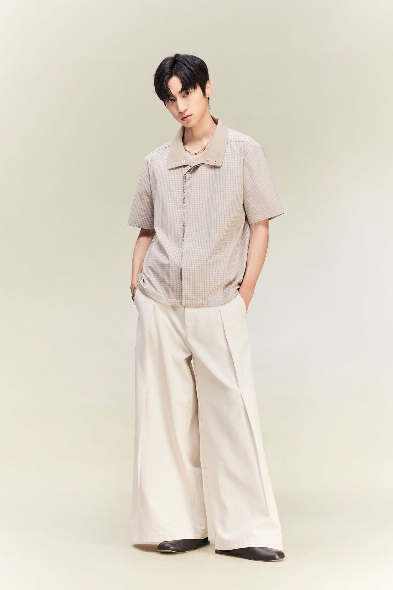 ALVNG AR ANTS Asymmetrical Snap Placket Mini Check Half Shirt-Half shirt-S-Dark Blue-Free Shipping Leatheretro