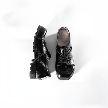 REWRITE Croc-Embossed Square-Toe Derby Shoes-Shoes-38.5-Free Shipping Leatheretro