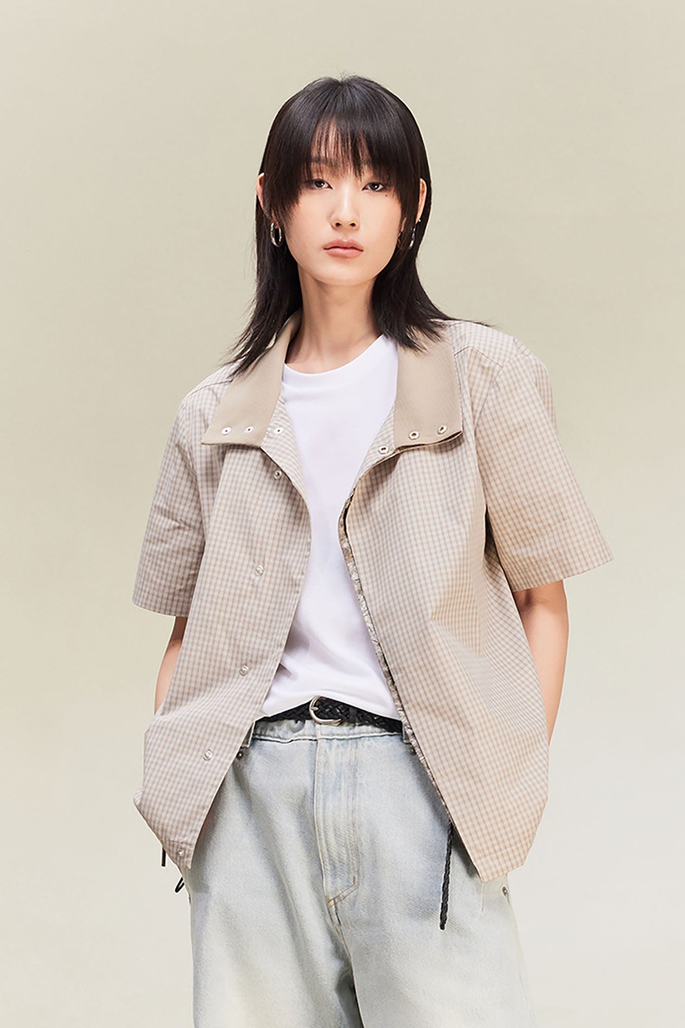 ALVNG AR ANTS Asymmetrical Snap Placket Mini Check Half Shirt-Half shirt-S-Dark Blue-Free Shipping Leatheretro