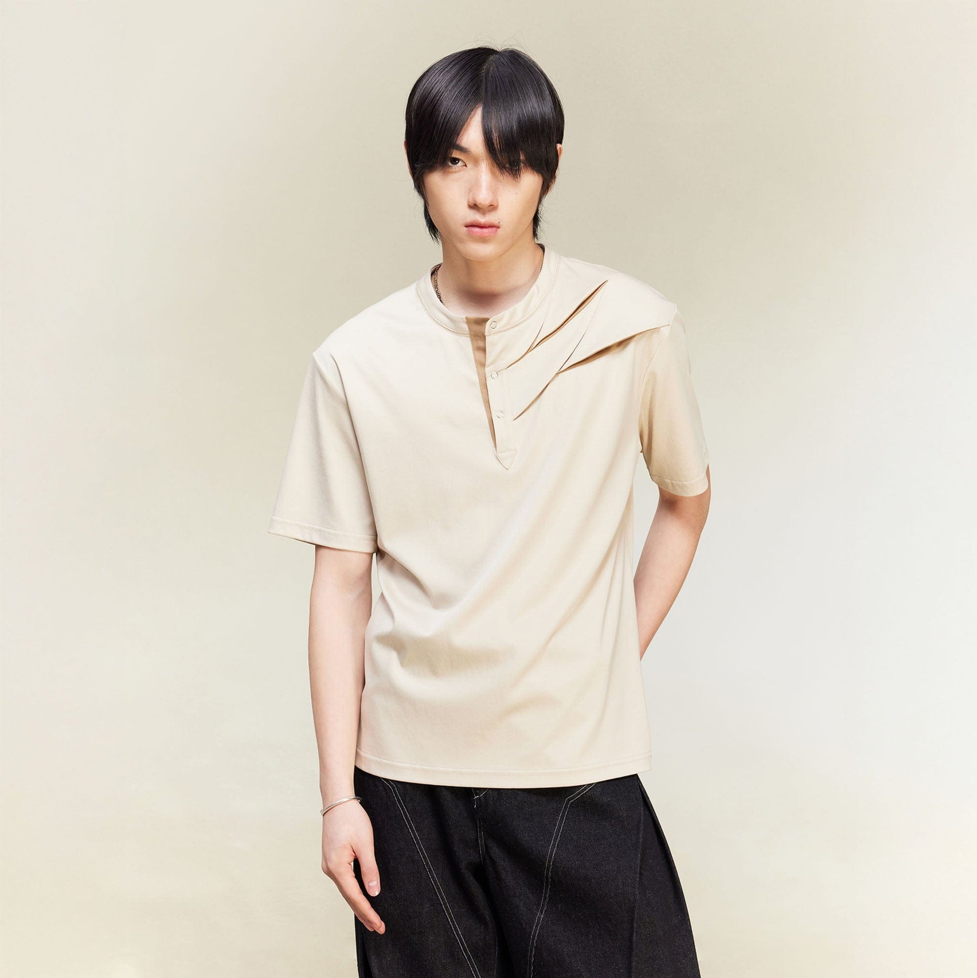 ALVNG AR ANTS Slash Pleated Shoulder Spliced Henley T-Shirt-T Shirt-S-Khaki-Free Shipping Leatheretro