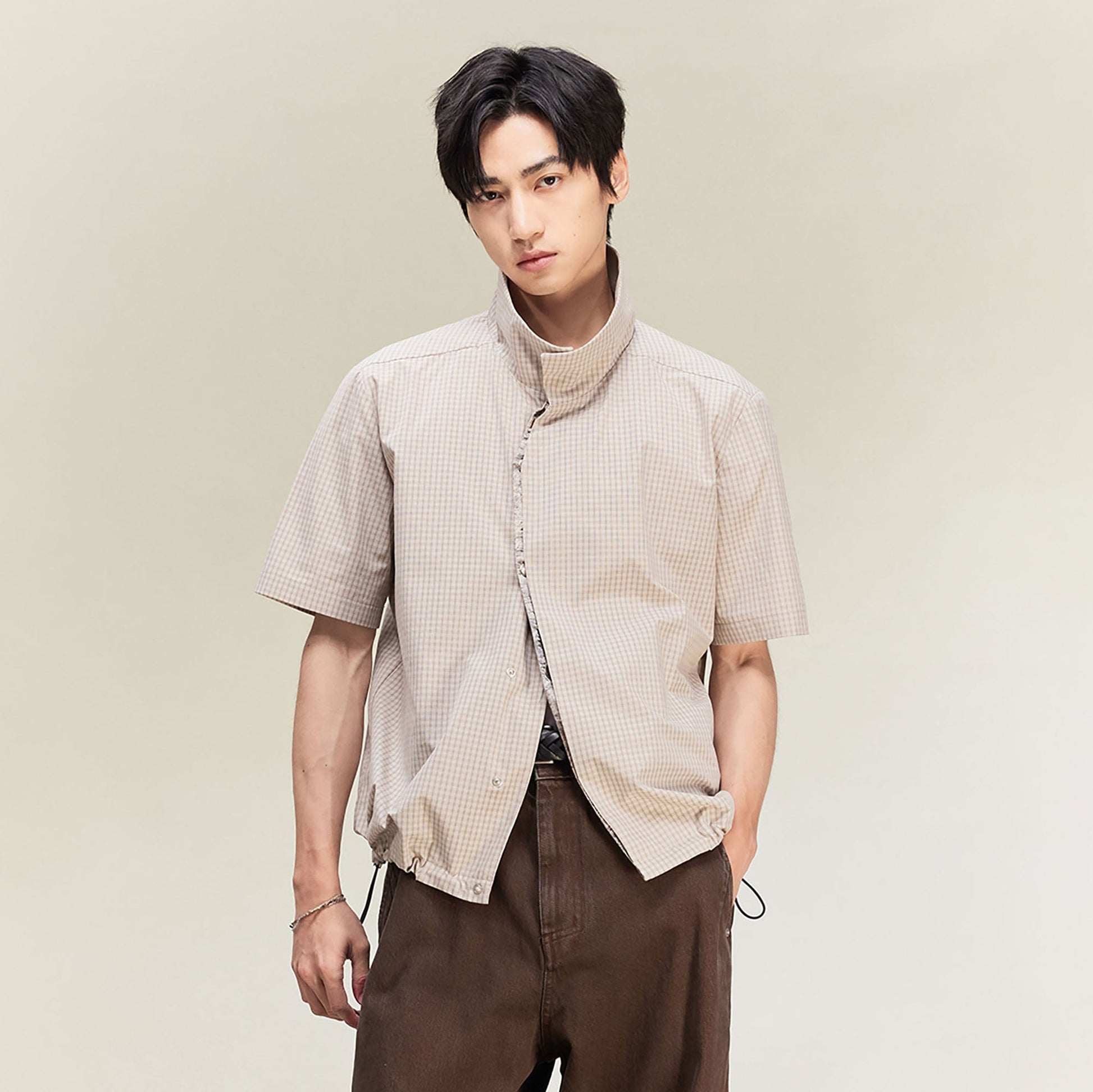 ALVNG AR ANTS Asymmetrical Snap Placket Mini Check Half Shirt-Half shirt-S-Khaki-Free Shipping Leatheretro