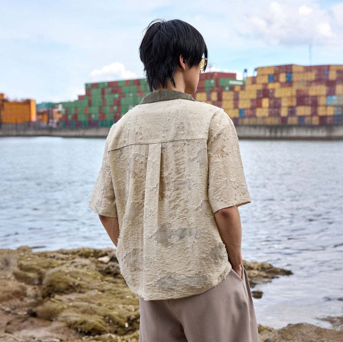 ALVNG AR ANTS Botanical Dyed Burnout Textured Spliced Half Shirt-Half shirt-S-Free Shipping Leatheretro