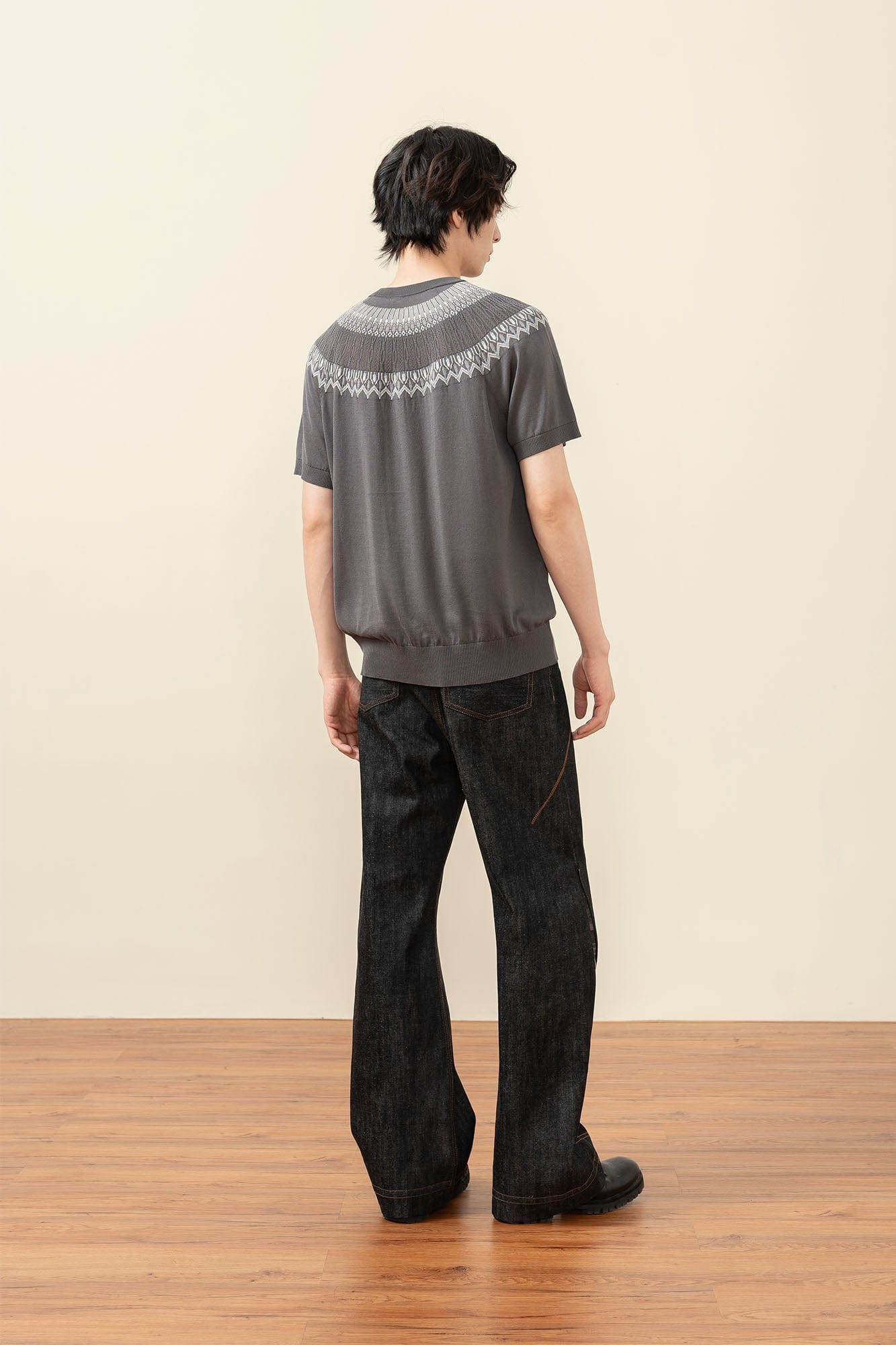 MOITIEDEPETALE Fair Isle Jacquard Tee-T Shirt-XS-Gray-Free Shipping Leatheretro