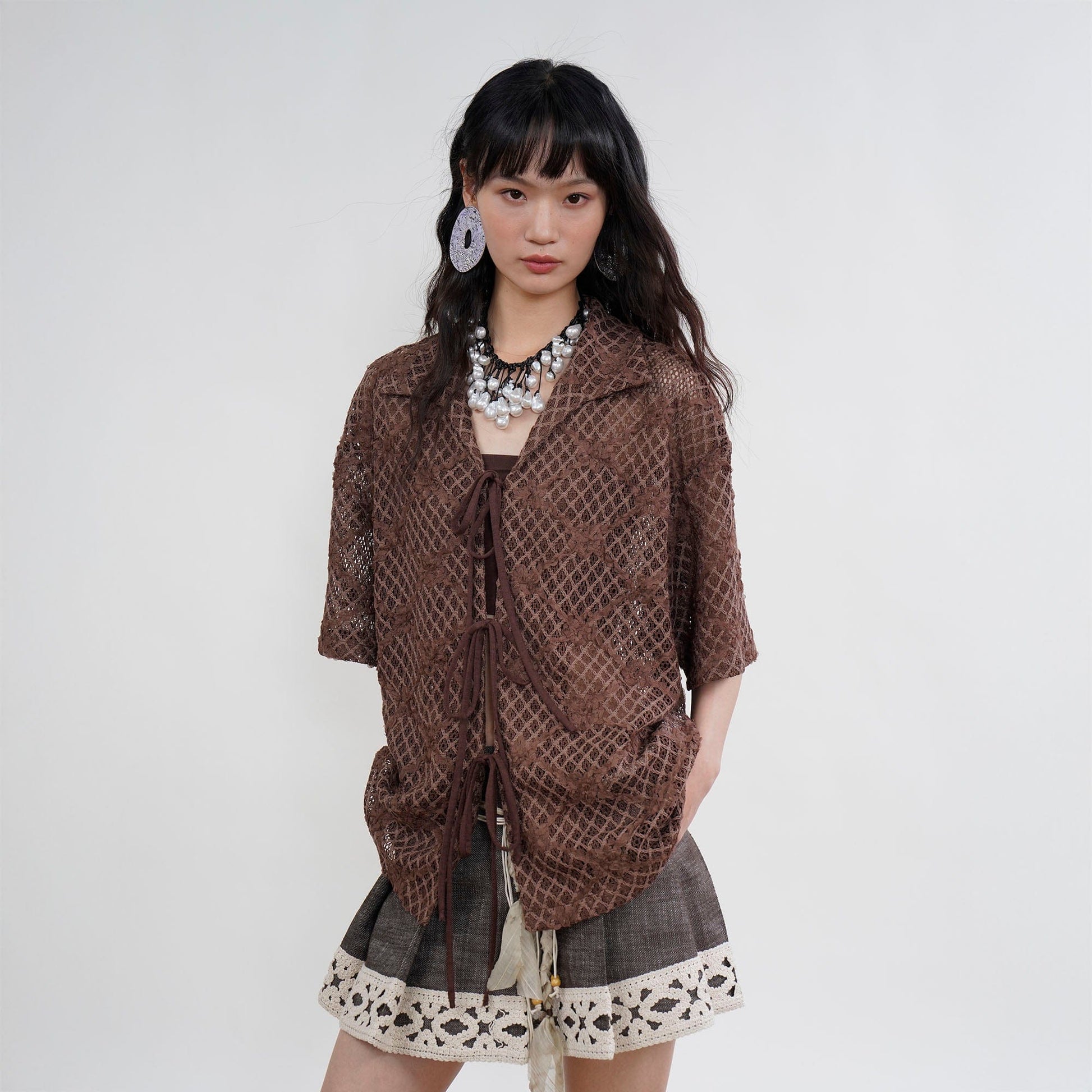 ORAL UTOPIA Crochet Tie-Front Sheer Cuban Half Shirt-Half shirt-S-Free Shipping Leatheretro