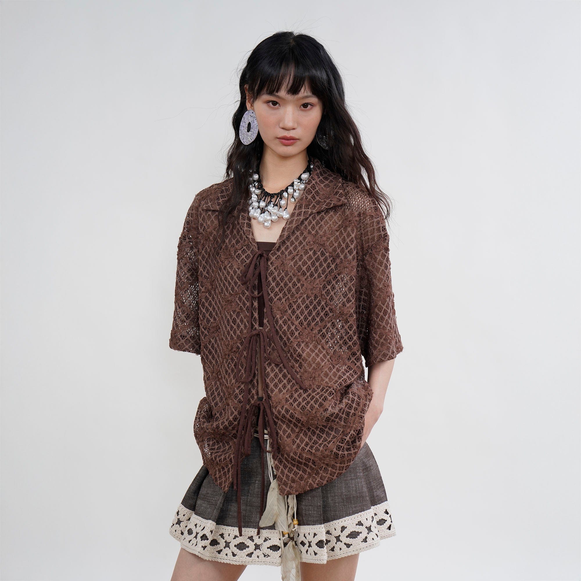 ORAL UTOPIA Crochet Tie-Front Sheer Cuban Half Shirt-Half shirt-S-Free Shipping Leatheretro