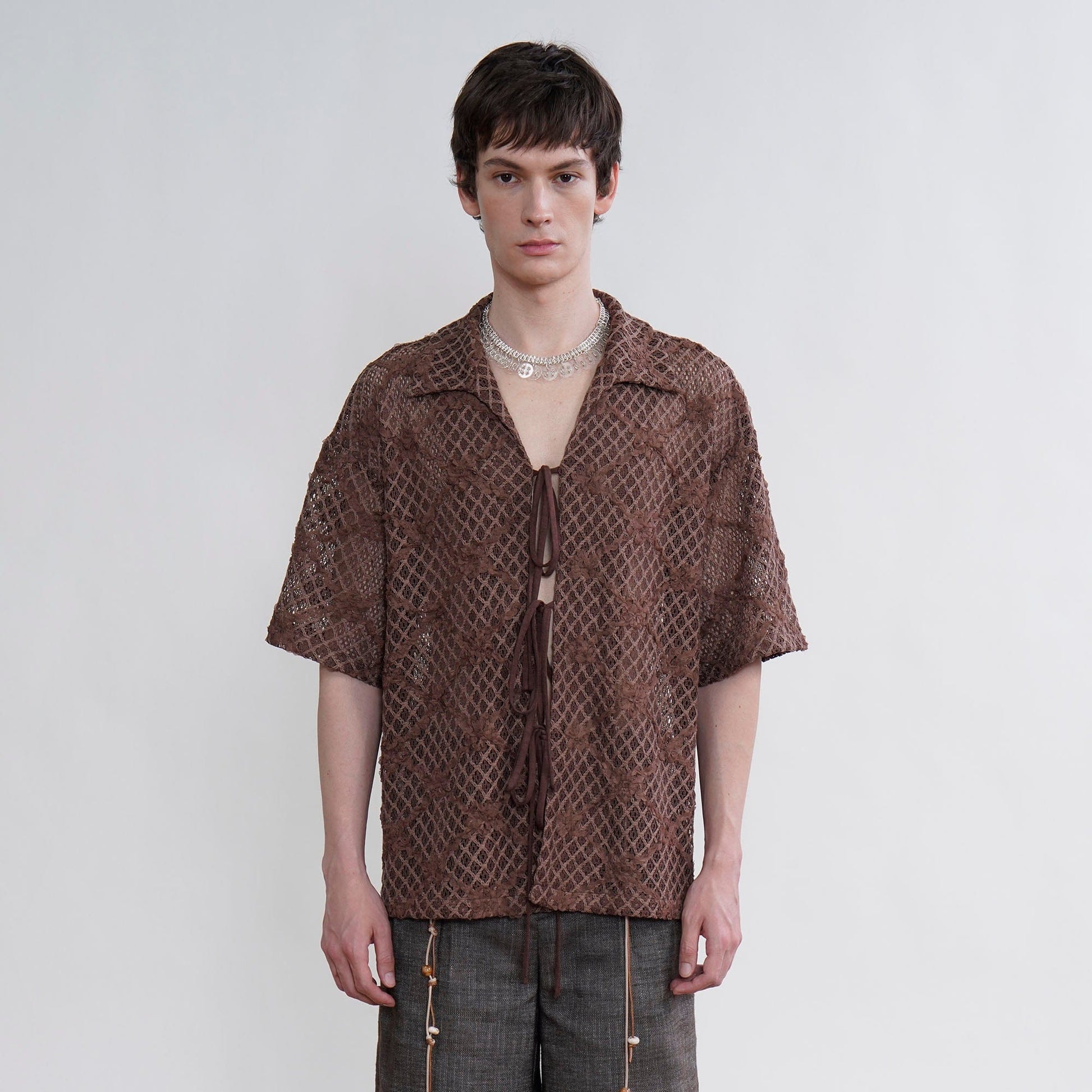 ORAL UTOPIA Crochet Tie-Front Sheer Cuban Half Shirt-Half shirt-S-Free Shipping Leatheretro