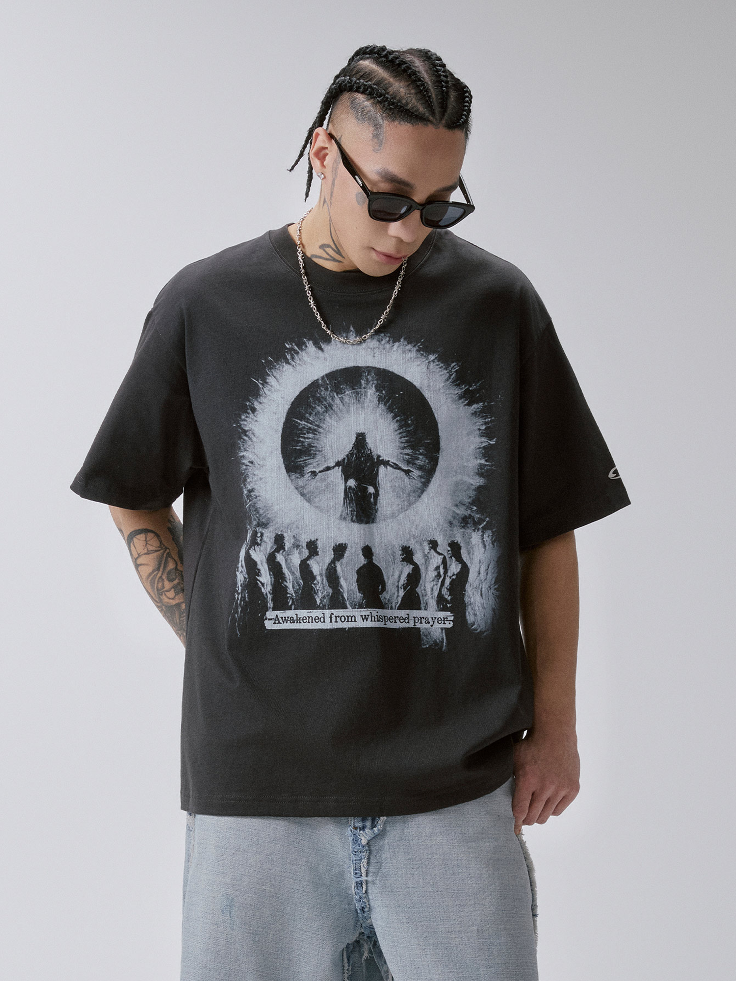 F2CE Oversized Prayer Silhouette Graphic T-Shirt-T Shirt-S-Free Shipping Leatheretro