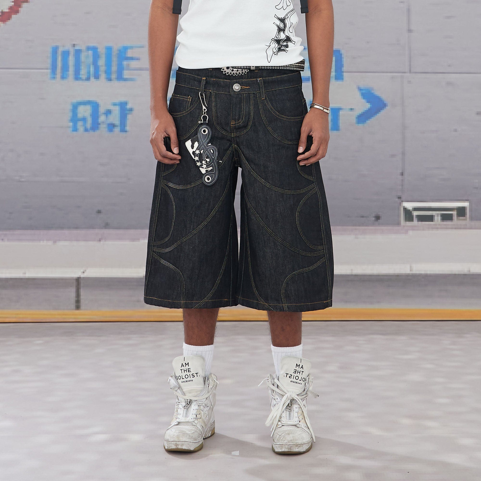 DND4DES Batwing Spliced Double-Waistband Raw Denim Shorts-Shorts-XS-Free Shipping Leatheretro