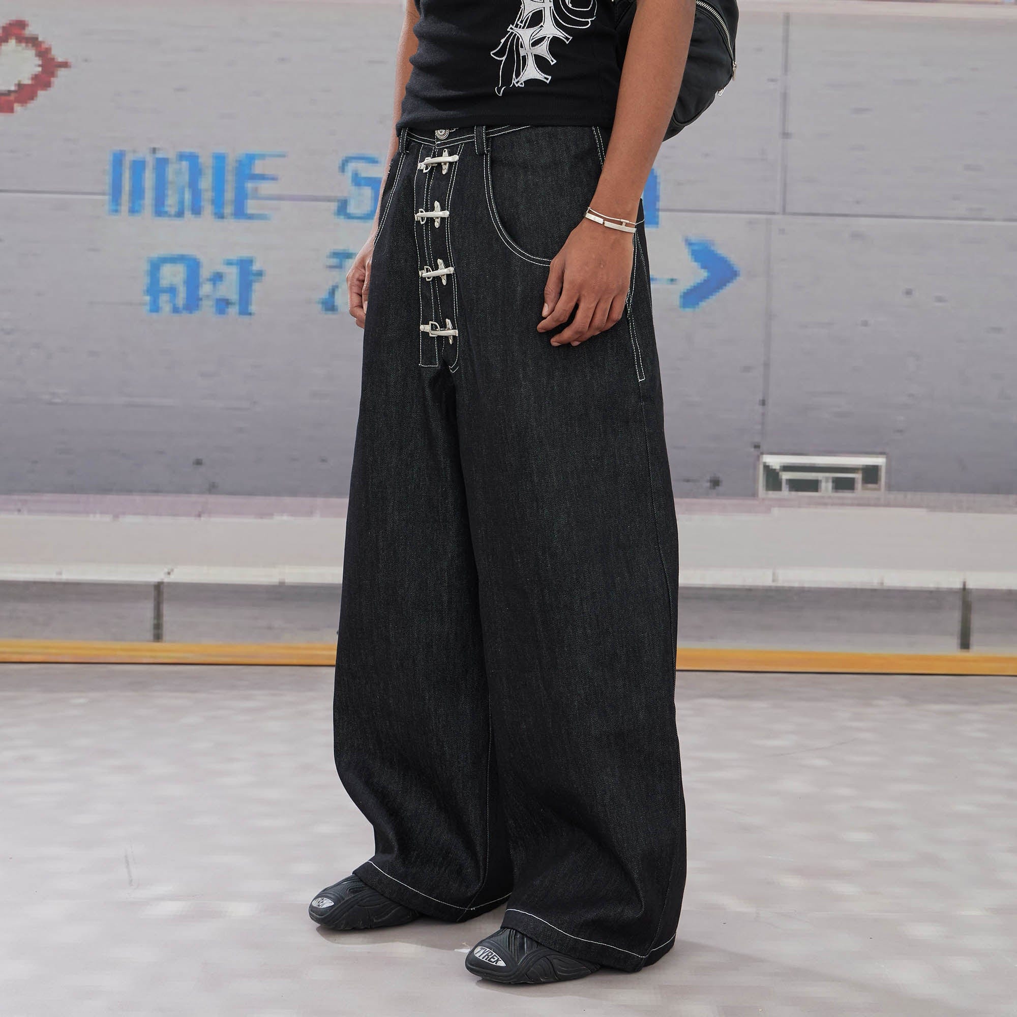 DND4DES Airplane-Buckle Curved Baggy Jeans-Jeans-XS-Free Shipping Leatheretro