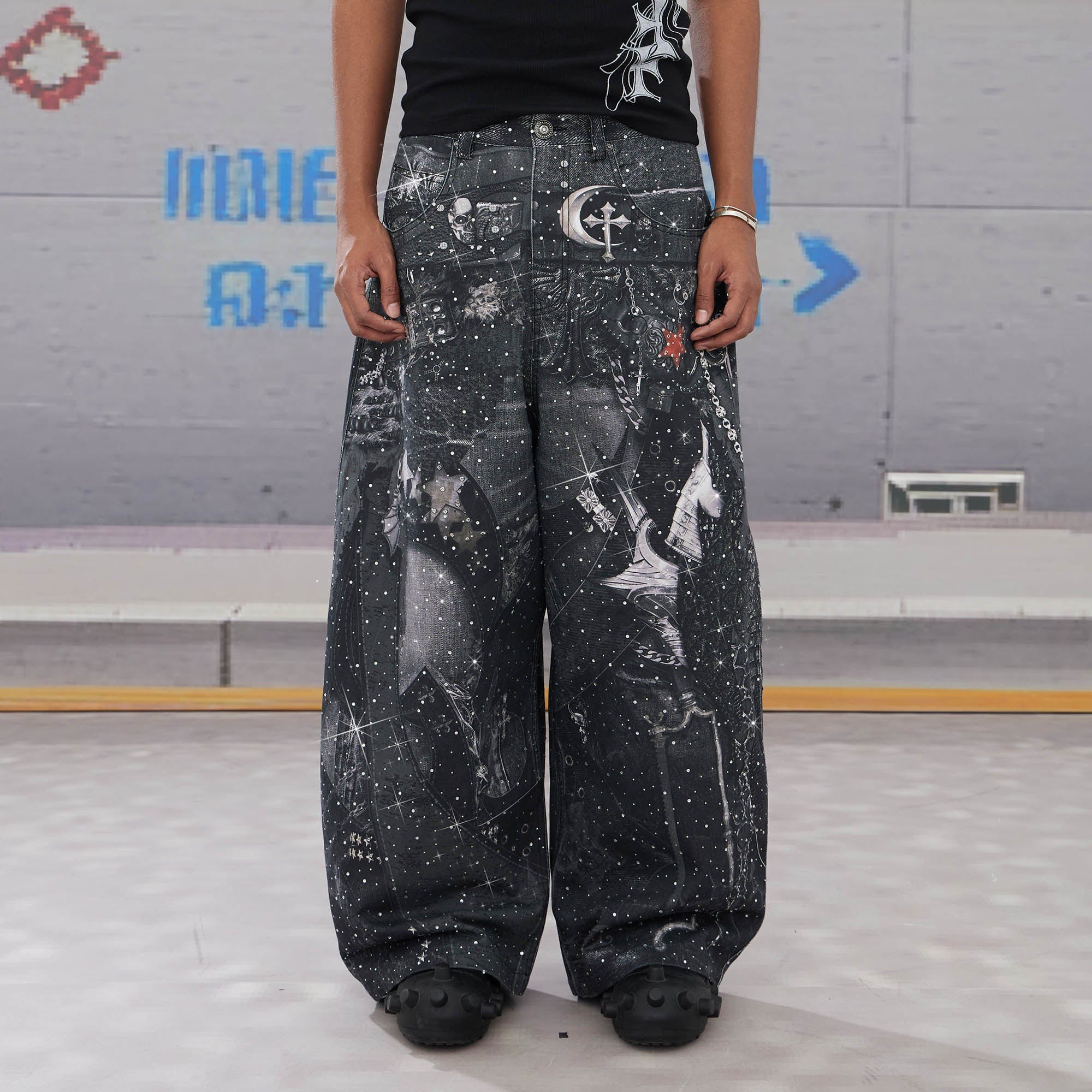 DND4DES Armour Full-Print Diamond Baggy Jeans-Jeans-XS-Free Shipping Leatheretro