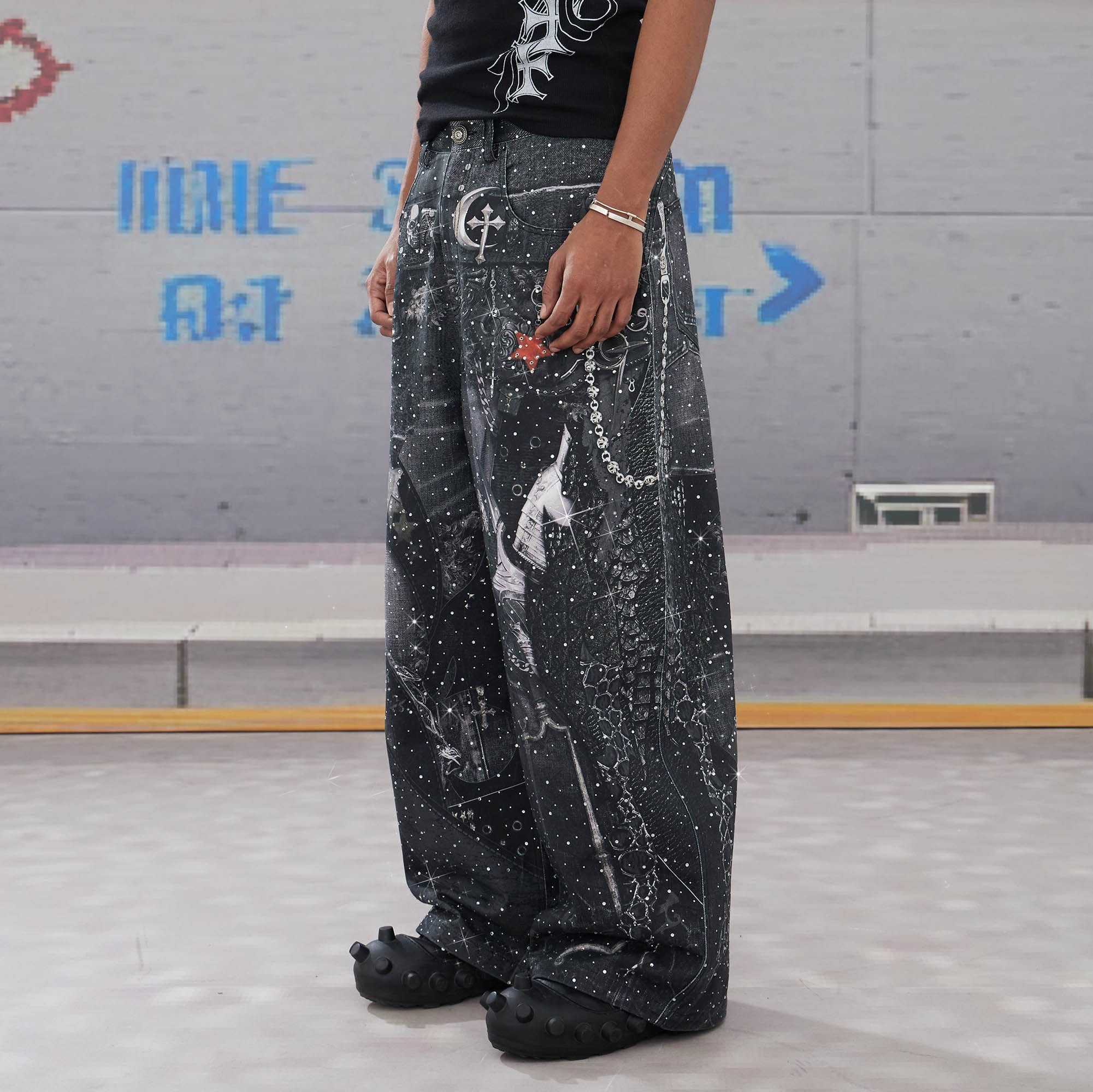 DND4DES Armour Full-Print Diamond Baggy Jeans-Jeans-XS-Free Shipping Leatheretro