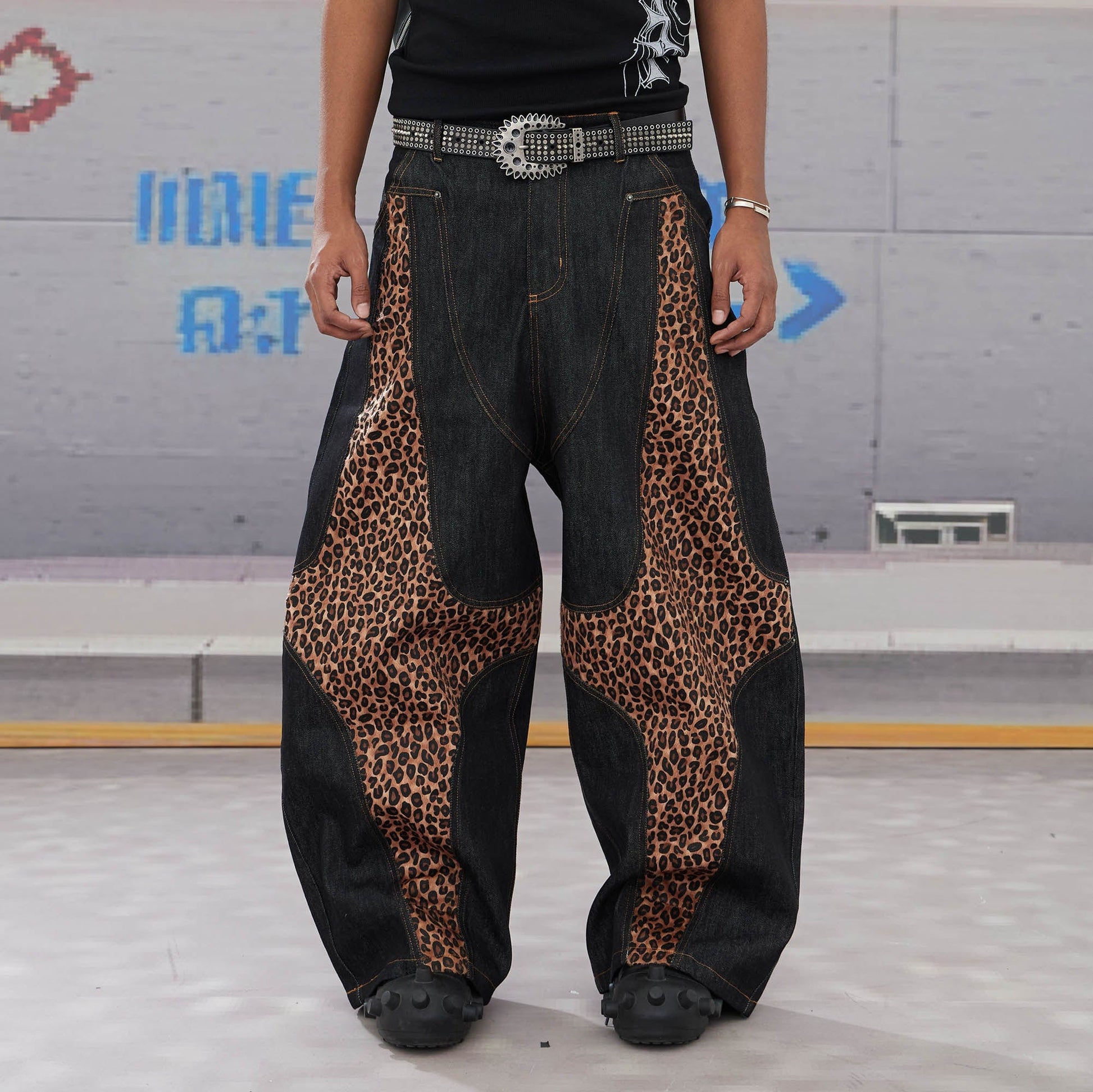 DND4DES Leopard-Paneled Curved Baggy Jeans-Jeans-XS-Free Shipping Leatheretro