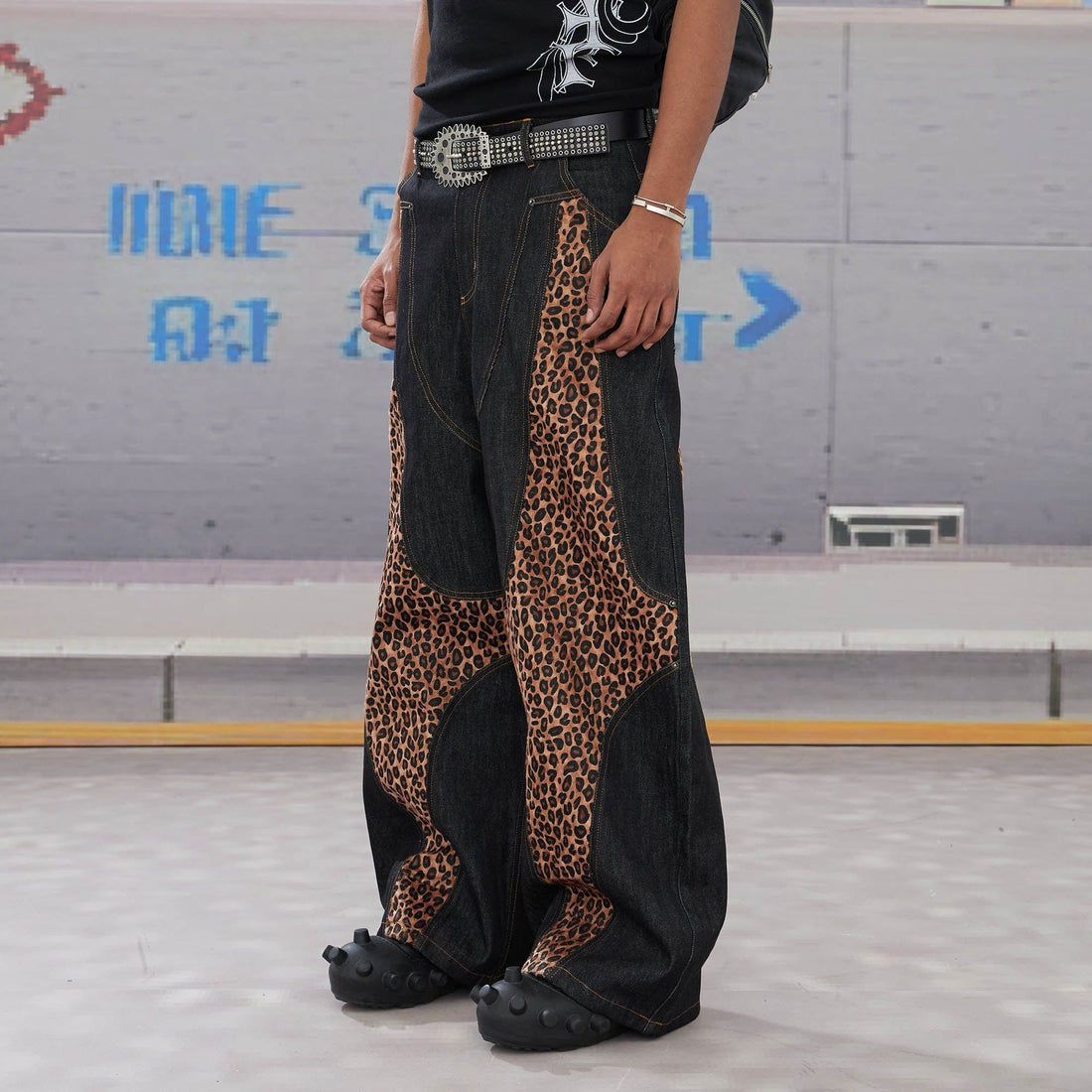DND4DES Leopard-Paneled Curved Baggy Jeans-Jeans-XS-Free Shipping Leatheretro