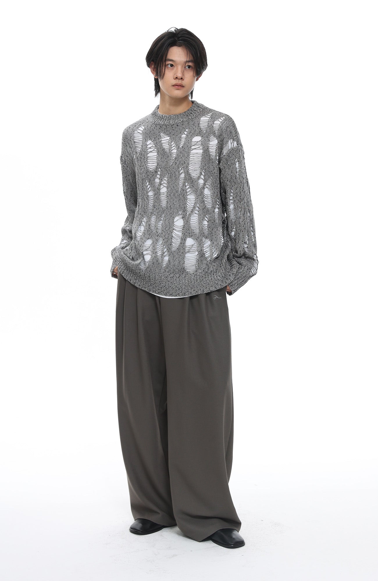 ROARINGWILD A ARCH Distressed Hollowed-Knit Sweater-Sweater-XS-Gray-Free Shipping Leatheretro