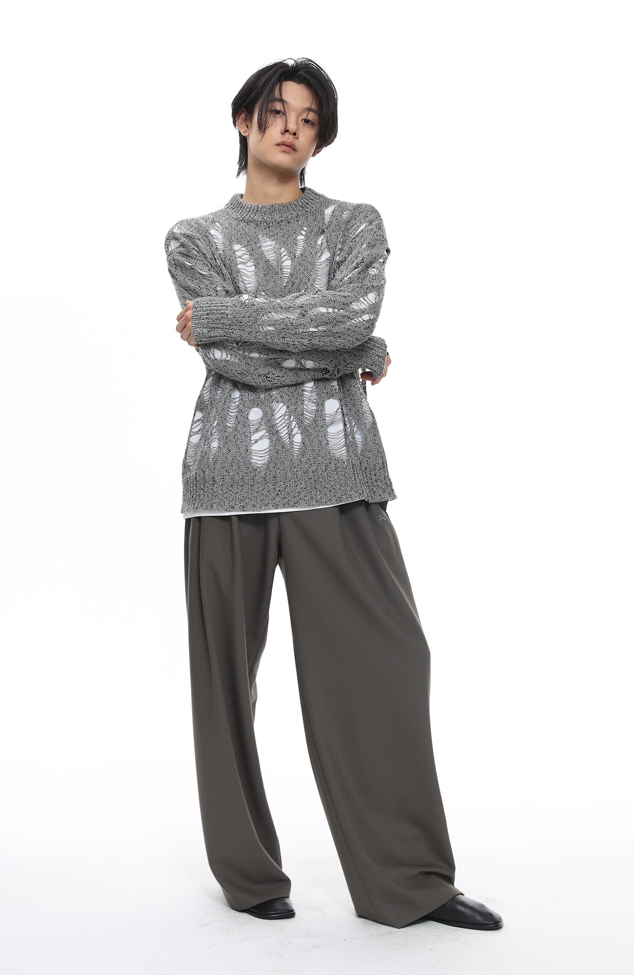 ROARINGWILD A ARCH Distressed Hollowed-Knit Sweater-Sweater-XS-Gray-Free Shipping Leatheretro