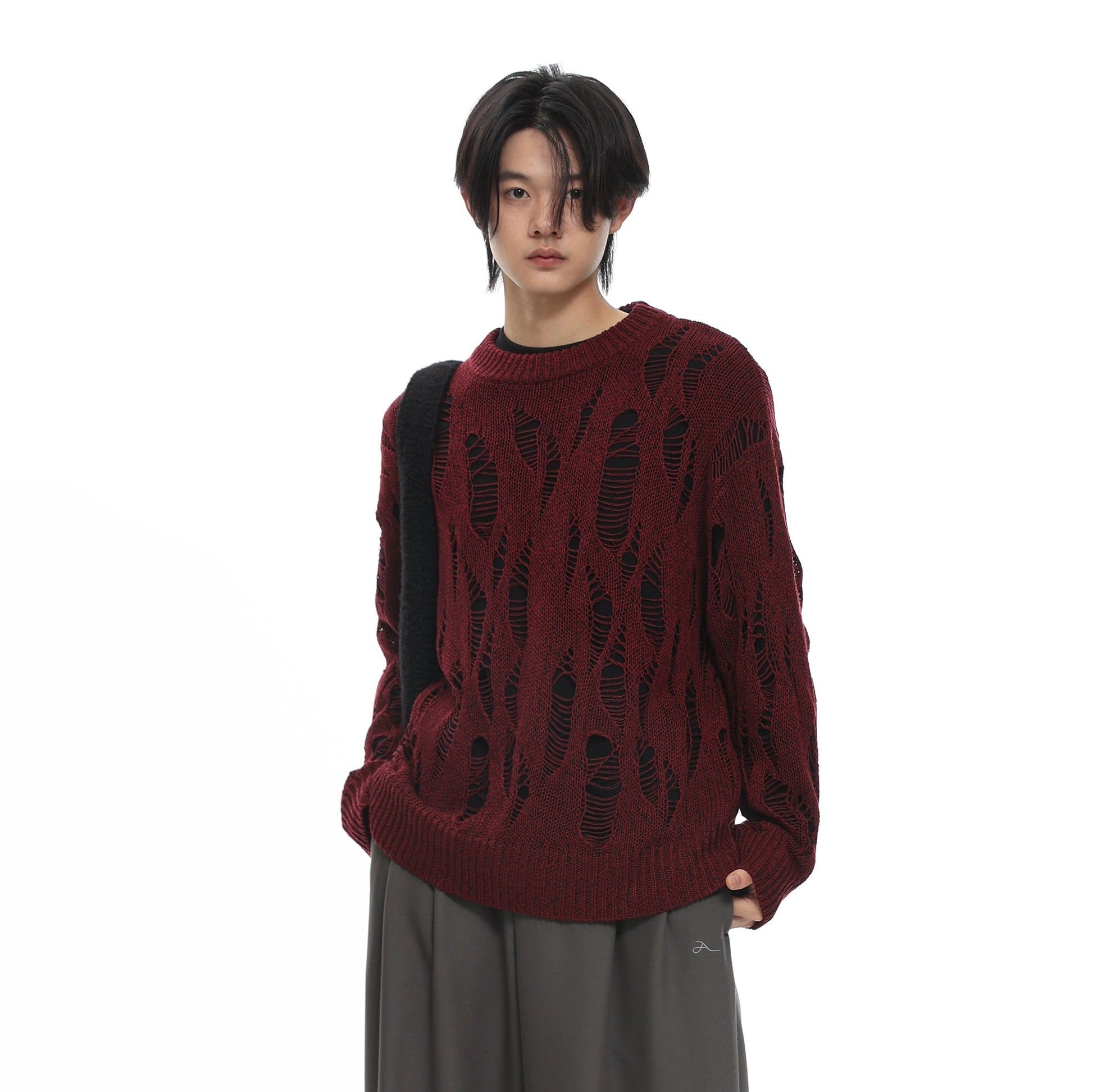 ROARINGWILD A ARCH Distressed Hollowed-Knit Sweater-Sweater-XS-Red-Free Shipping Leatheretro