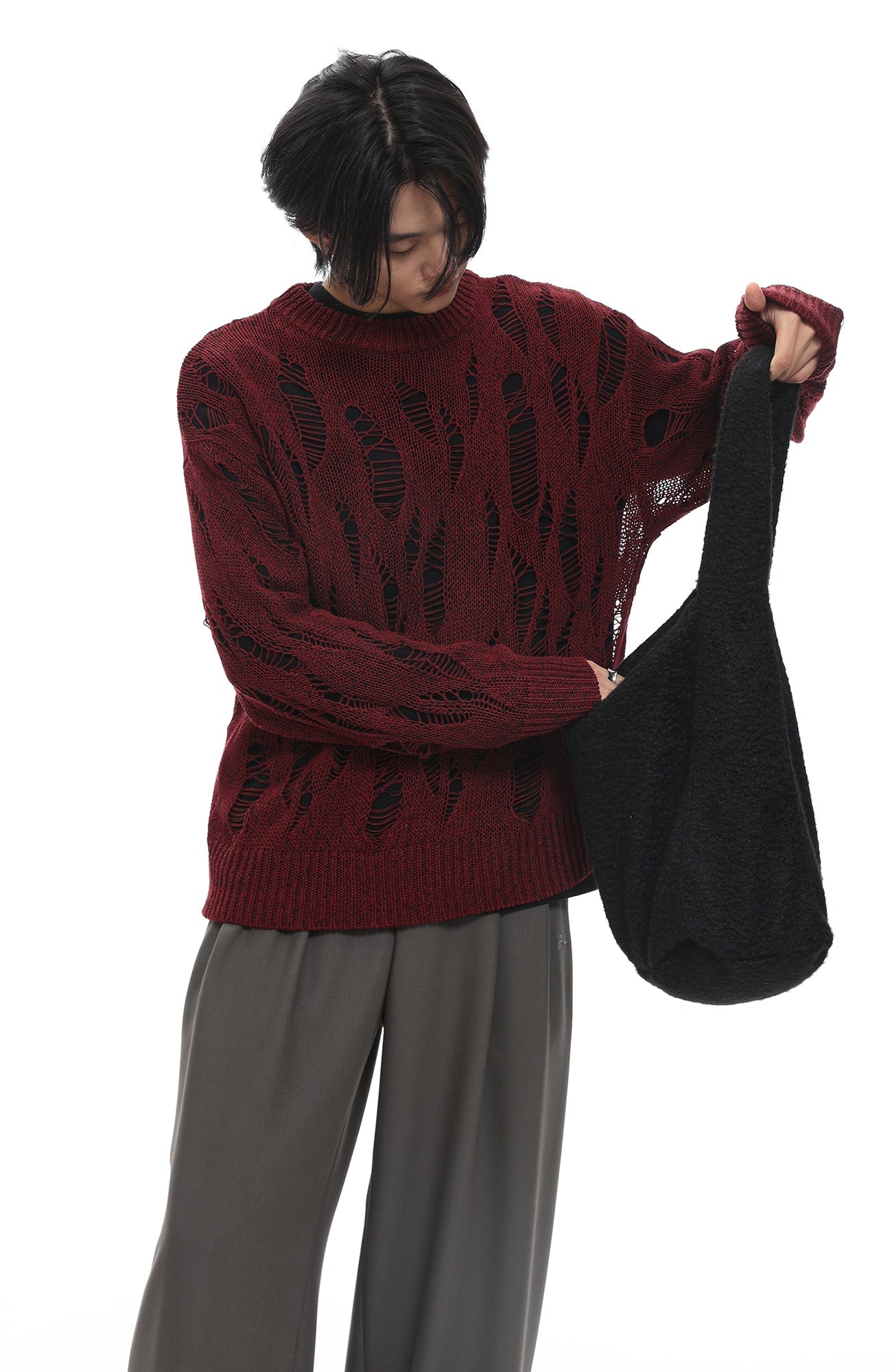 ROARINGWILD A ARCH Distressed Hollowed-Knit Sweater-Sweater-XS-Gray-Free Shipping Leatheretro