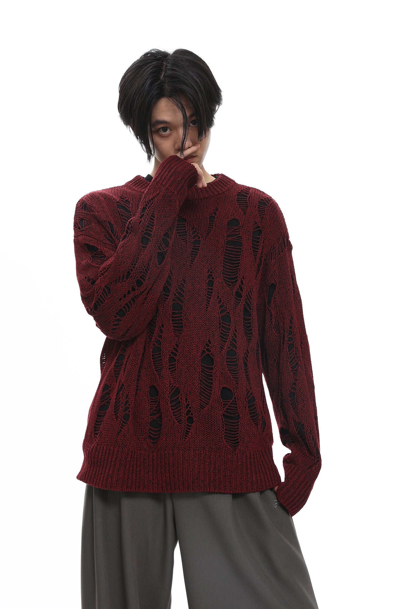ROARINGWILD A ARCH Distressed Hollowed-Knit Sweater-Sweater-XS-Gray-Free Shipping Leatheretro