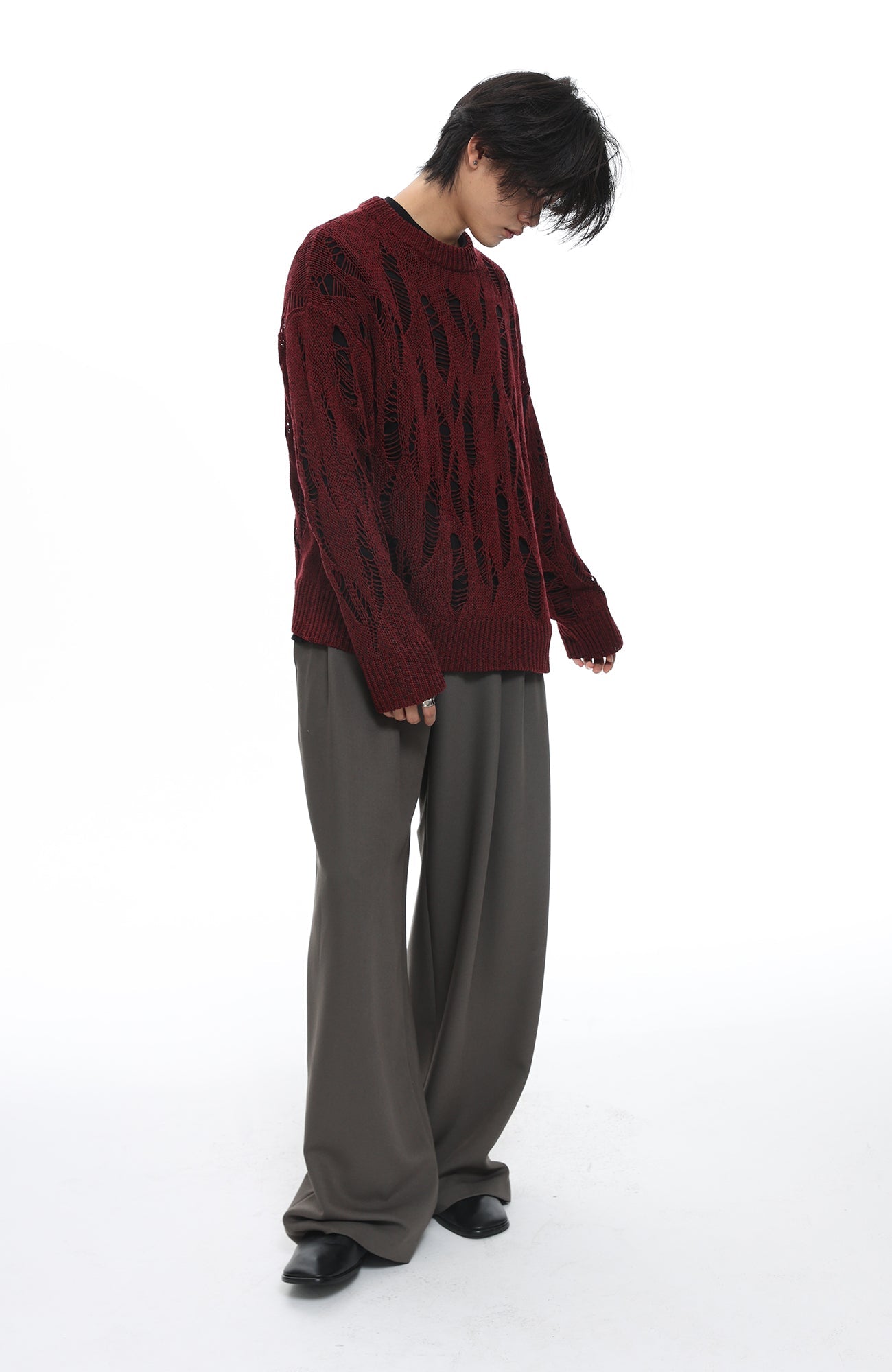 ROARINGWILD A ARCH Distressed Hollowed-Knit Sweater-Sweater-XS-Gray-Free Shipping Leatheretro