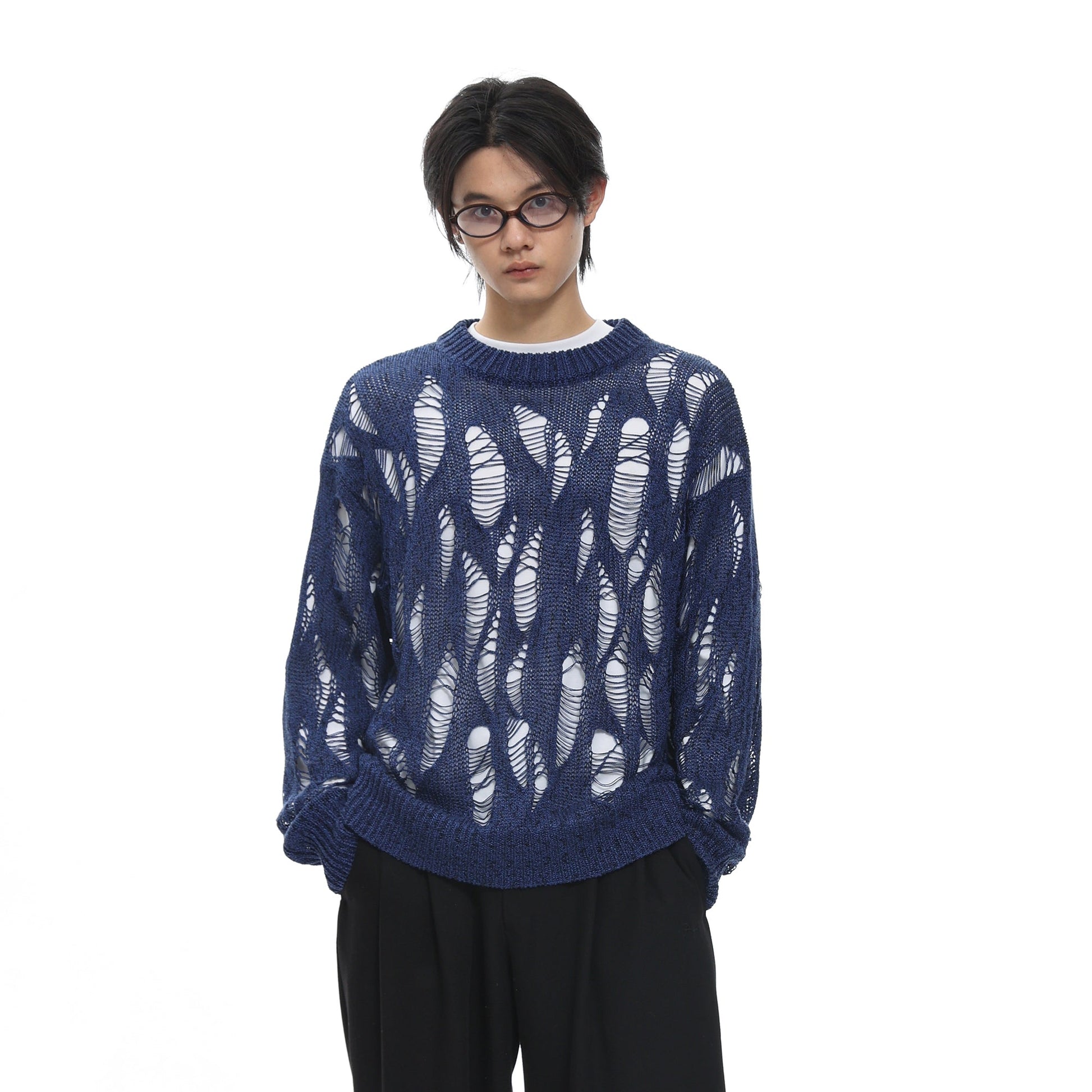 ROARINGWILD A ARCH Distressed Hollowed-Knit Sweater-Sweater-XS-Dark Blue-Free Shipping Leatheretro