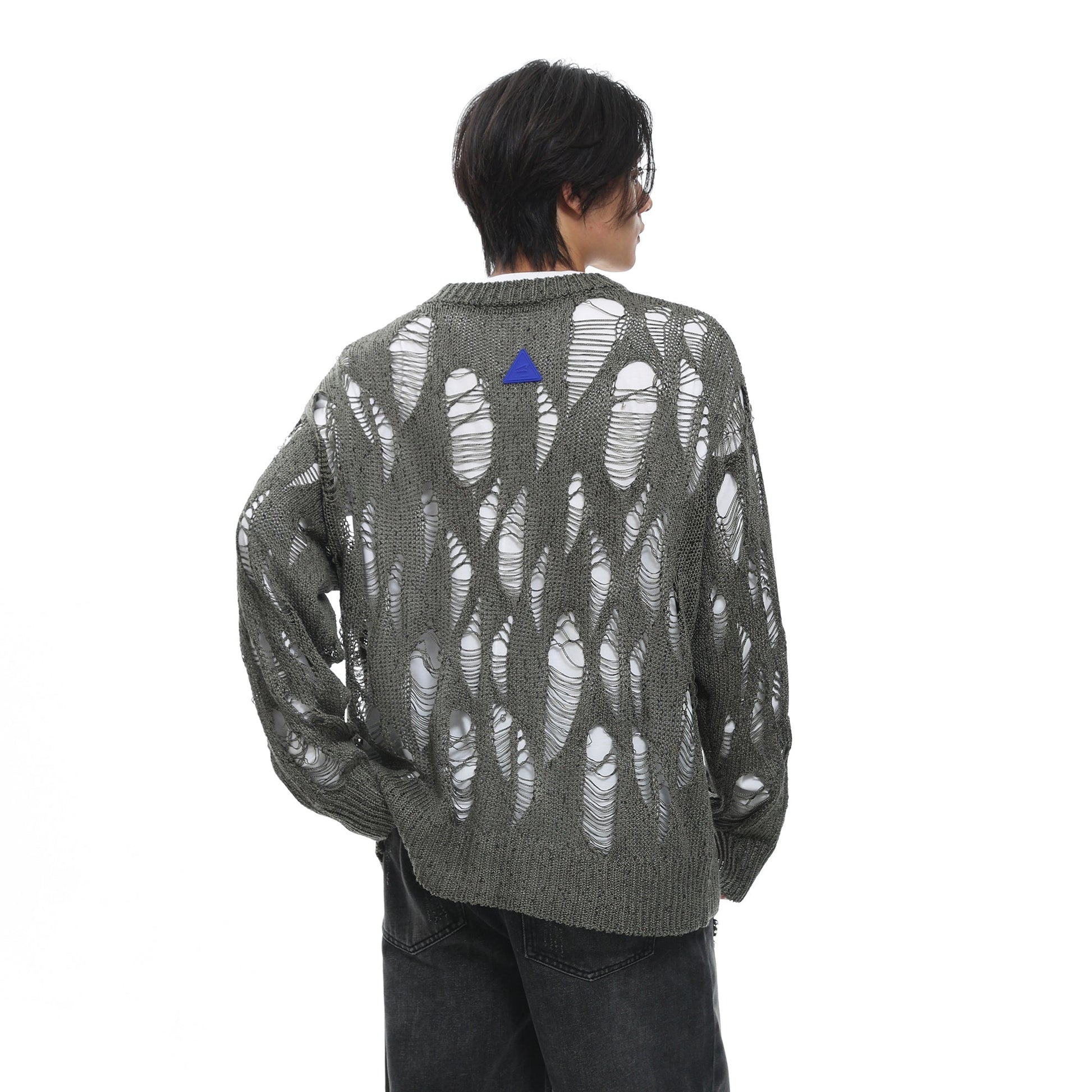 ROARINGWILD A ARCH Distressed Hollowed-Knit Sweater-Sweater-XS-Gray-Free Shipping Leatheretro