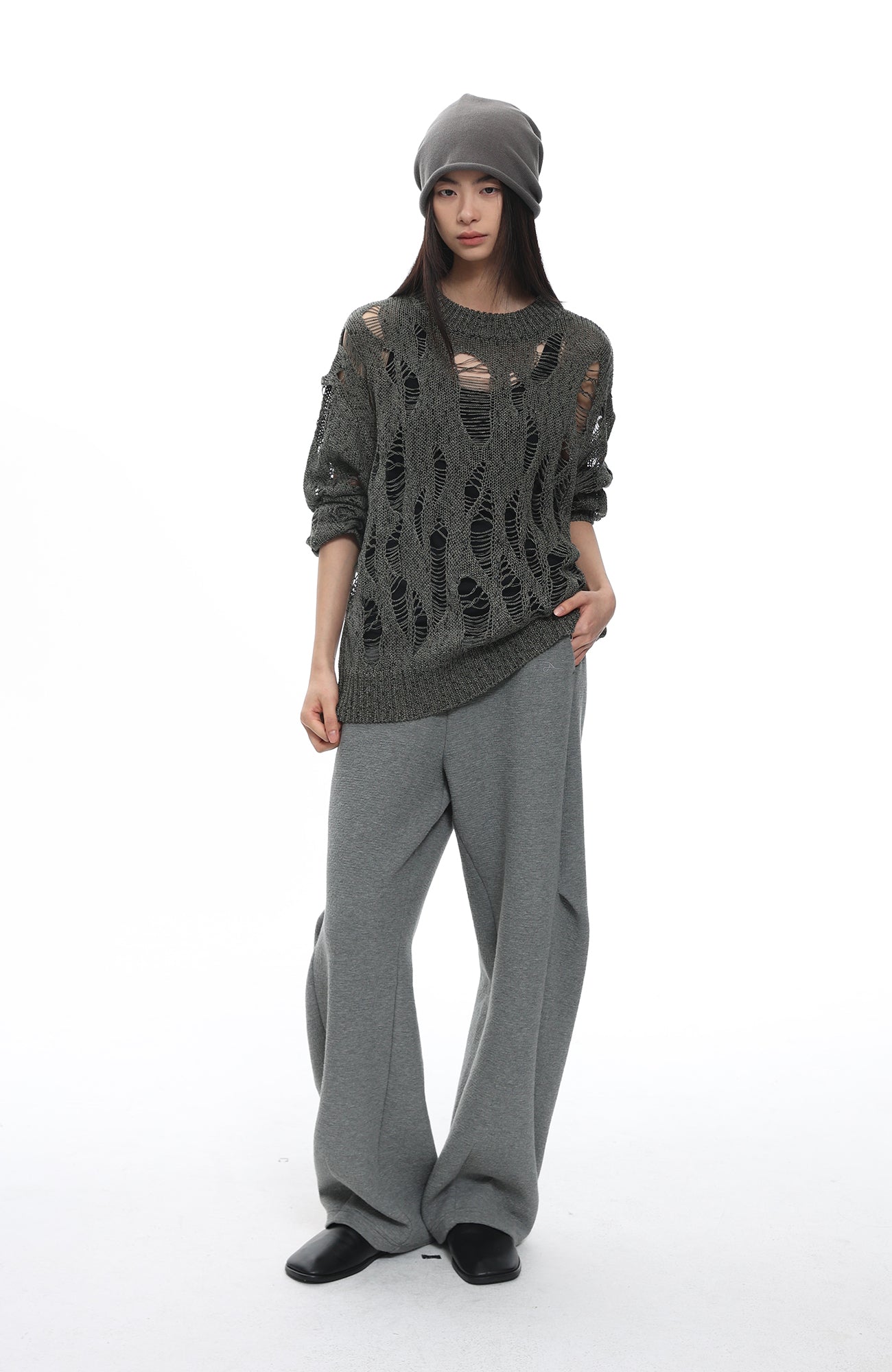 ROARINGWILD A ARCH Distressed Hollowed-Knit Sweater-Sweater-XS-Gray-Free Shipping Leatheretro