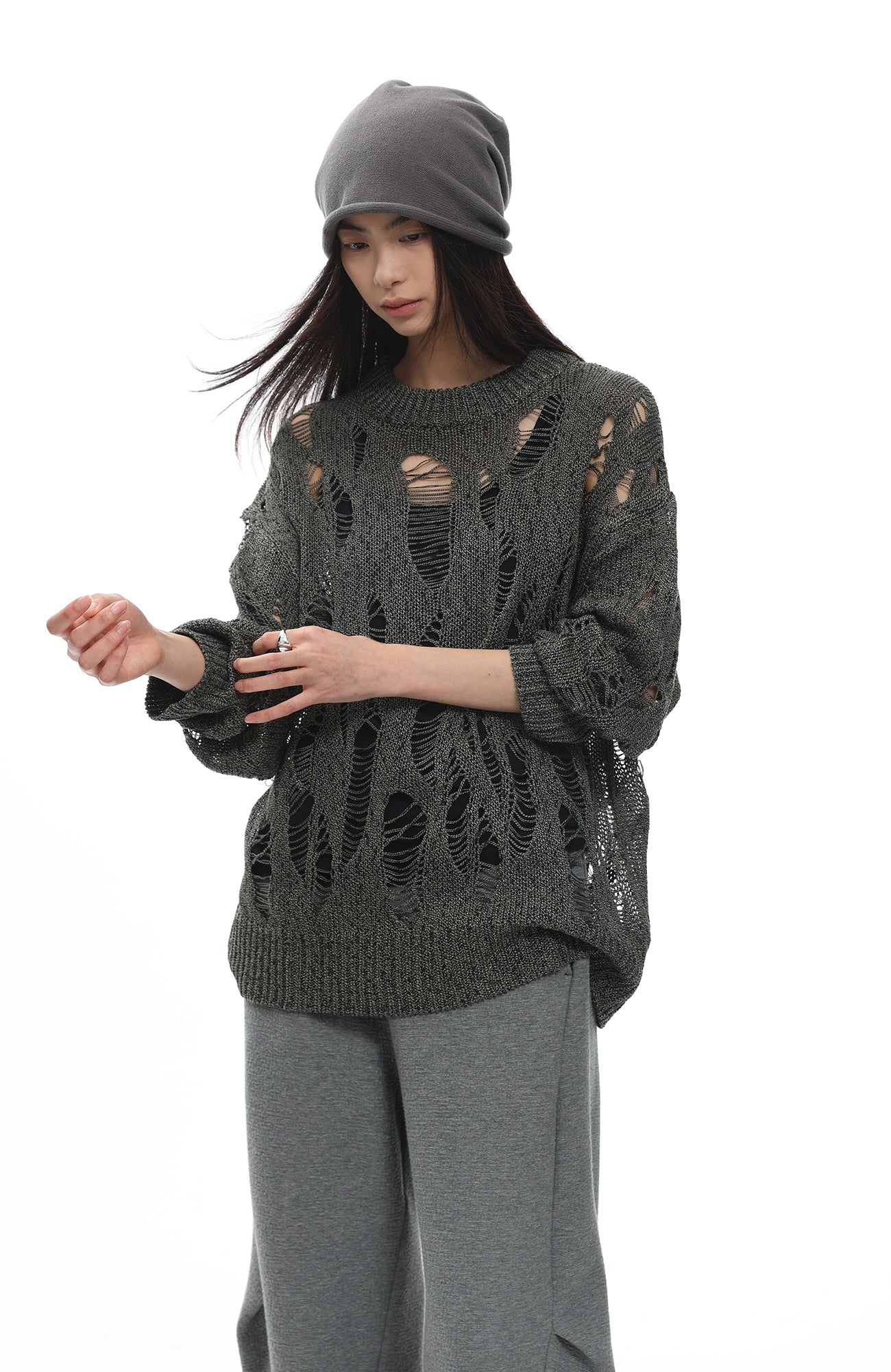 ROARINGWILD A ARCH Distressed Hollowed-Knit Sweater-Sweater-XS-Gray-Free Shipping Leatheretro