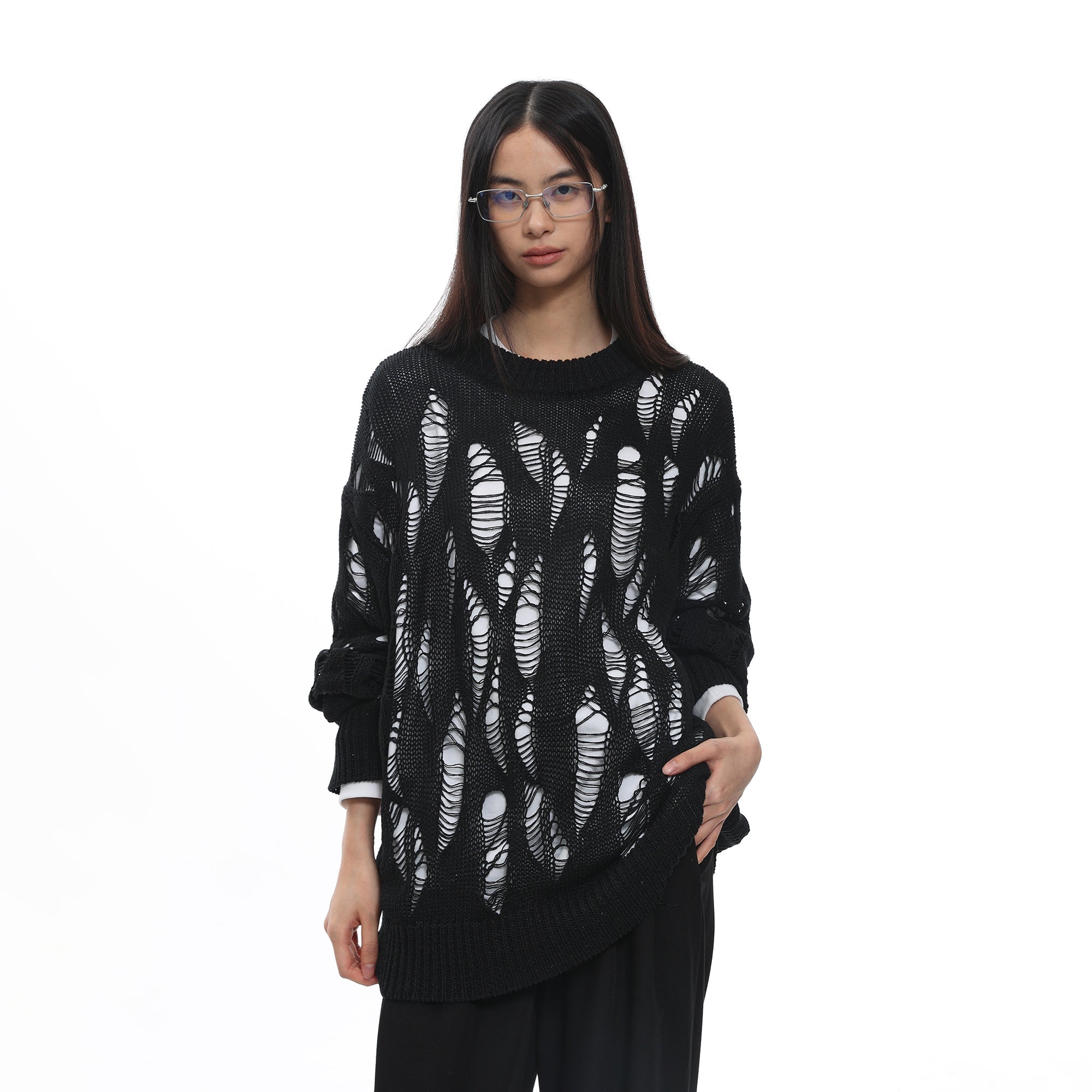 ROARINGWILD A ARCH Distressed Hollowed-Knit Sweater-Sweater-S-Black-Free Shipping Leatheretro