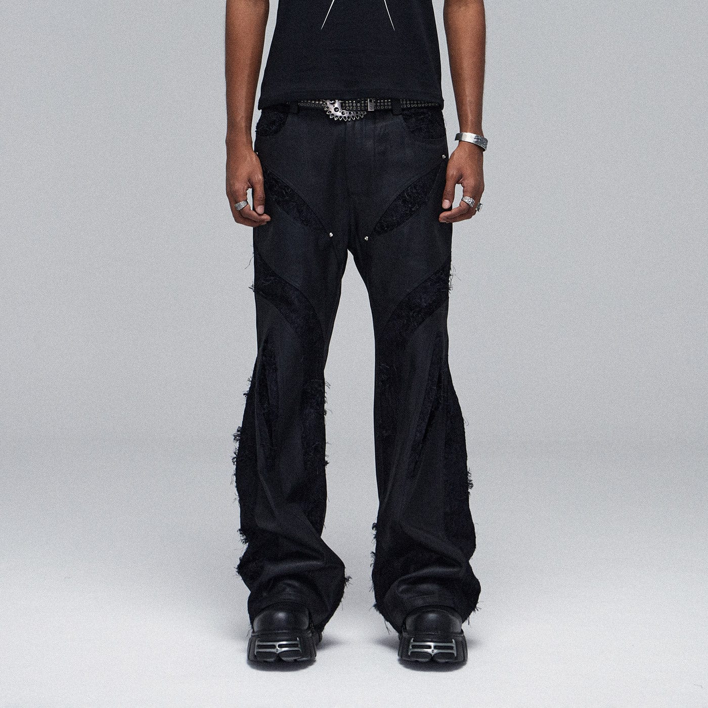 DND4DES Raw-Edge Spliced Flared Waxed Jeans-Jeans-S-Free Shipping Leatheretro