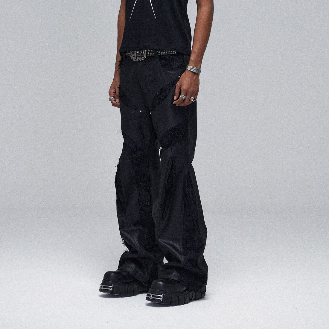 DND4DES Raw-Edge Spliced Flared Waxed Jeans-Jeans-S-Free Shipping Leatheretro