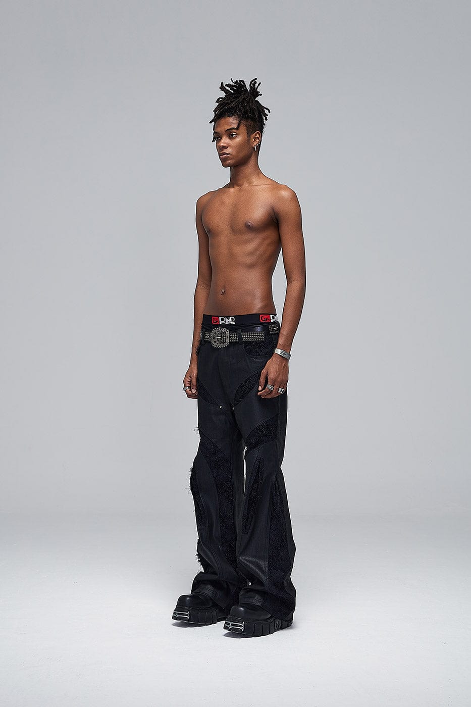 DND4DES Raw-Edge Spliced Flared Waxed Jeans-Jeans-S-Free Shipping Leatheretro