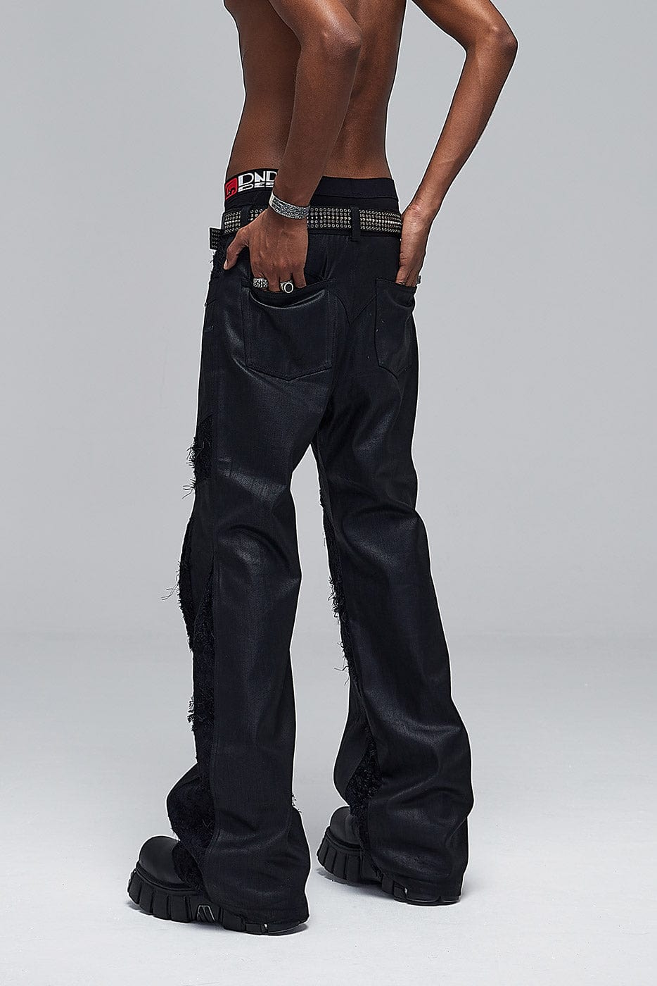 DND4DES Raw-Edge Spliced Flared Waxed Jeans-Jeans-S-Free Shipping Leatheretro