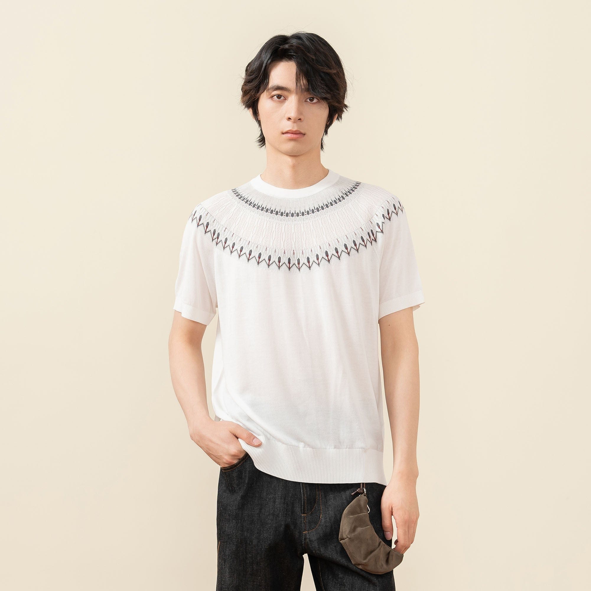MOITIEDEPETALE Fair Isle Jacquard Tee-T Shirt-XS-White-Free Shipping Leatheretro