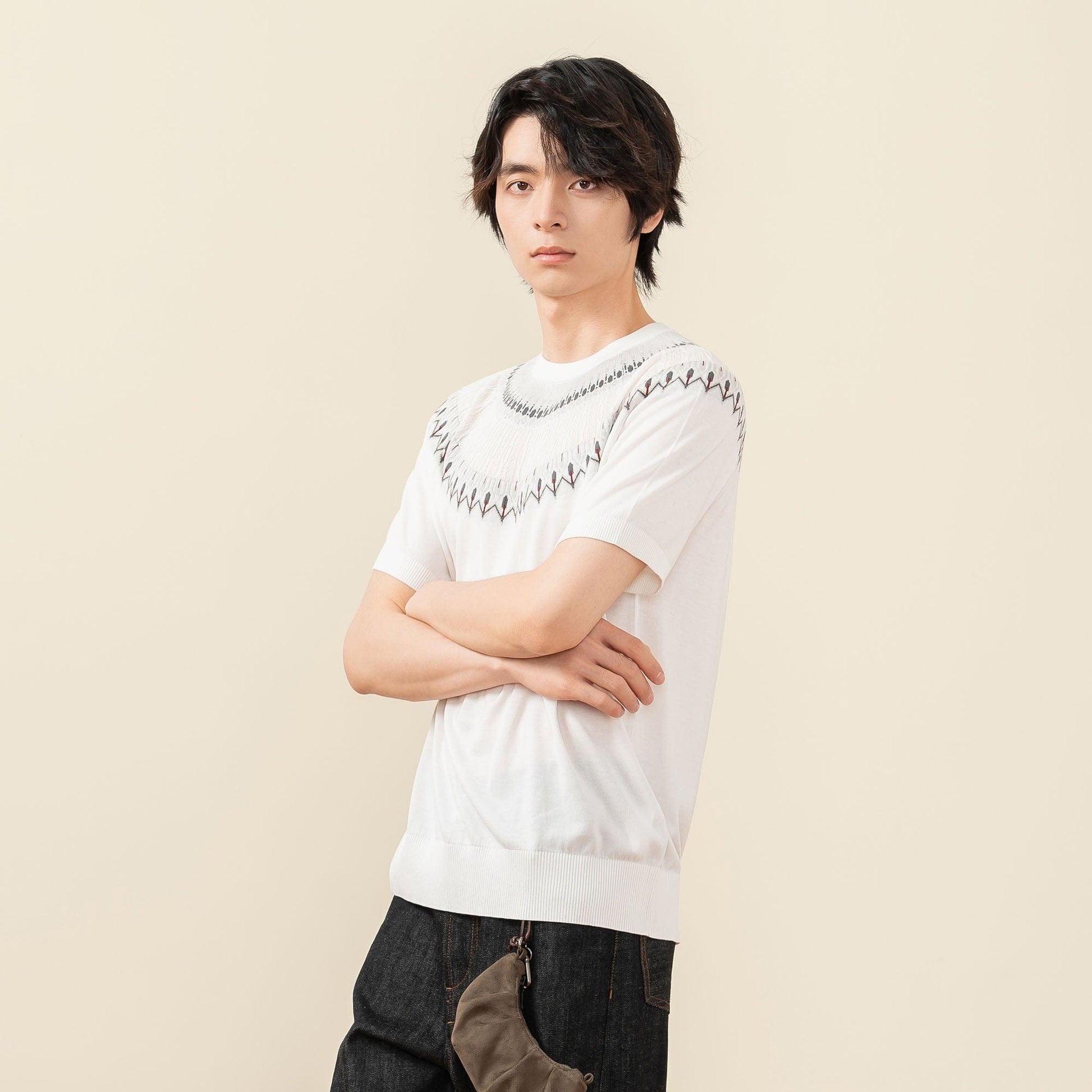 MOITIEDEPETALE Fair Isle Jacquard Tee-T Shirt-XS-Gray-Free Shipping Leatheretro
