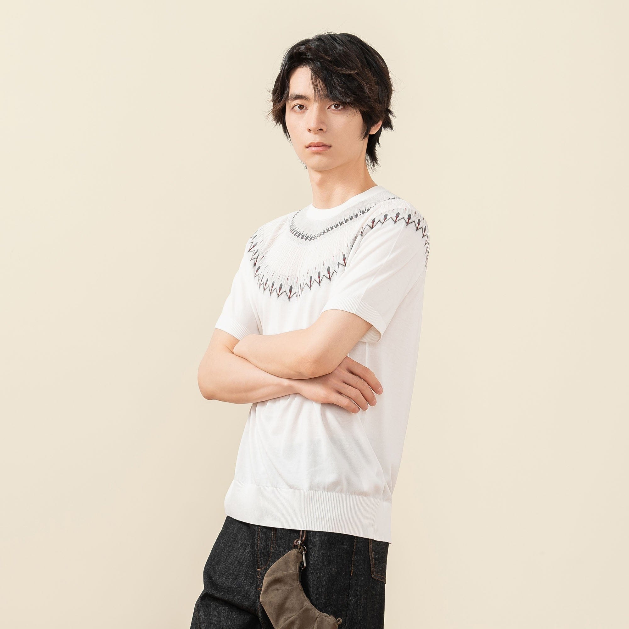 MOITIEDEPETALE Fair Isle Jacquard Tee-T Shirt-XS-Gray-Free Shipping Leatheretro