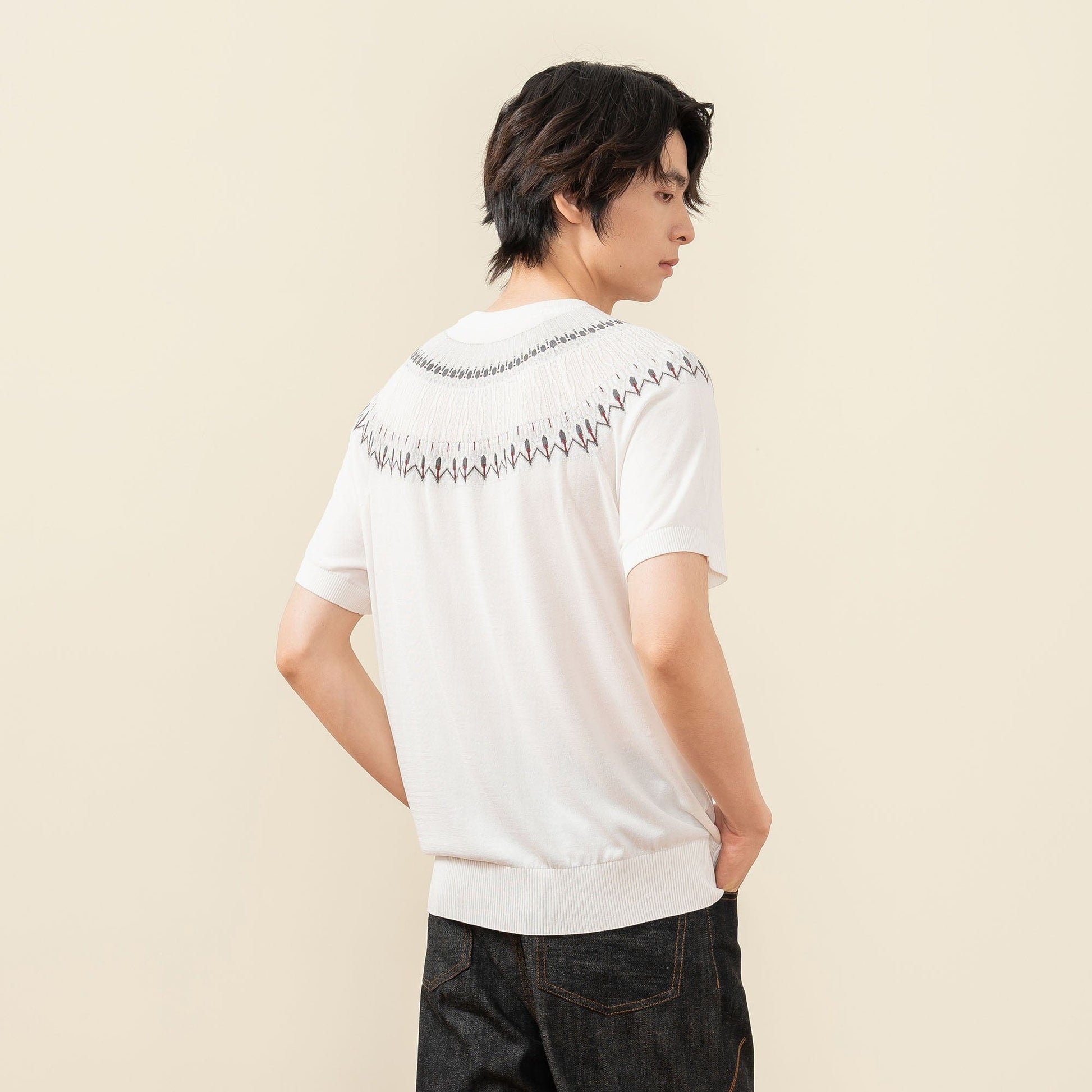 MOITIEDEPETALE Fair Isle Jacquard Tee-T Shirt-XS-Gray-Free Shipping Leatheretro