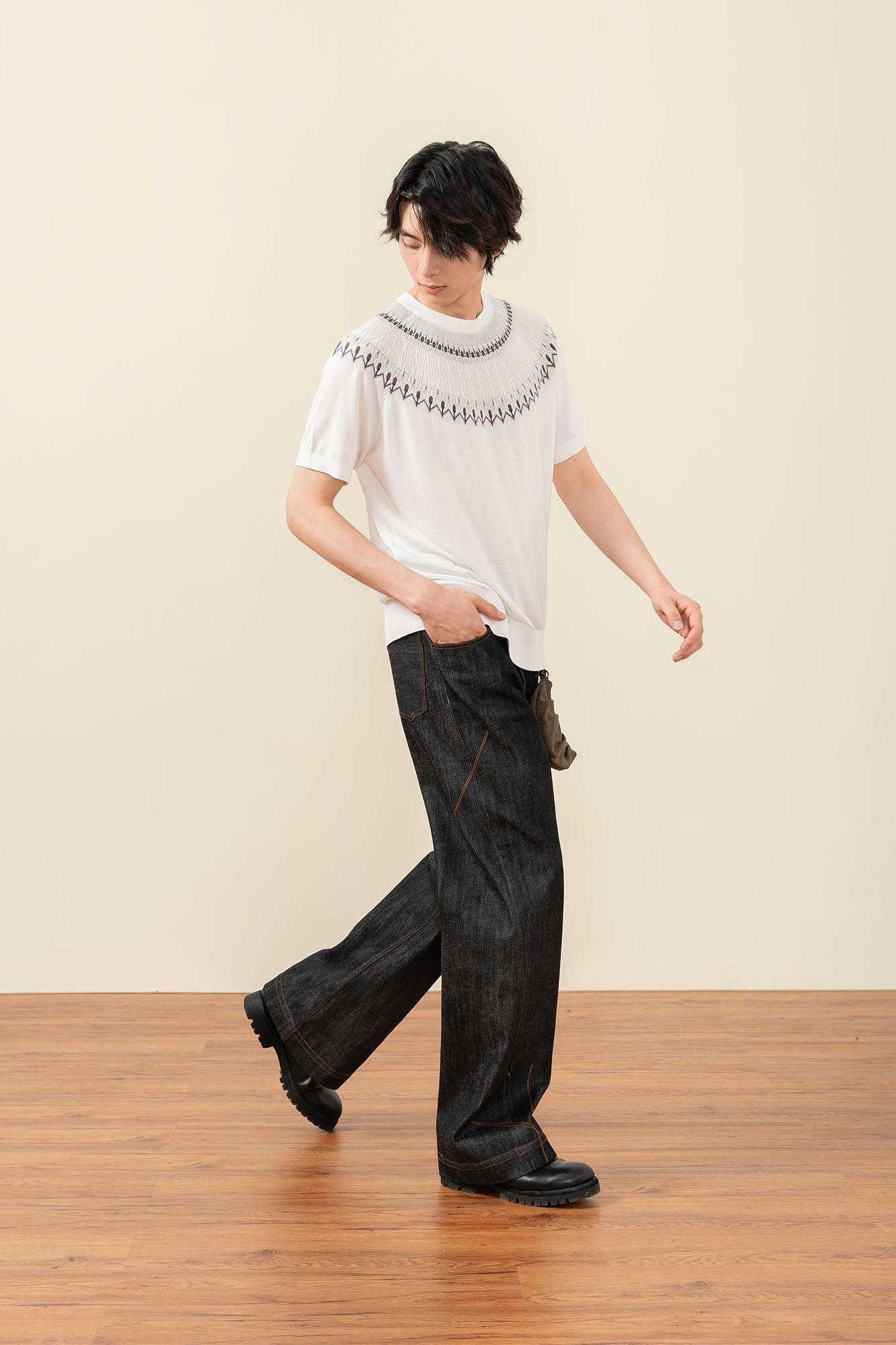 MOITIEDEPETALE Fair Isle Jacquard Tee-T Shirt-XS-Gray-Free Shipping Leatheretro