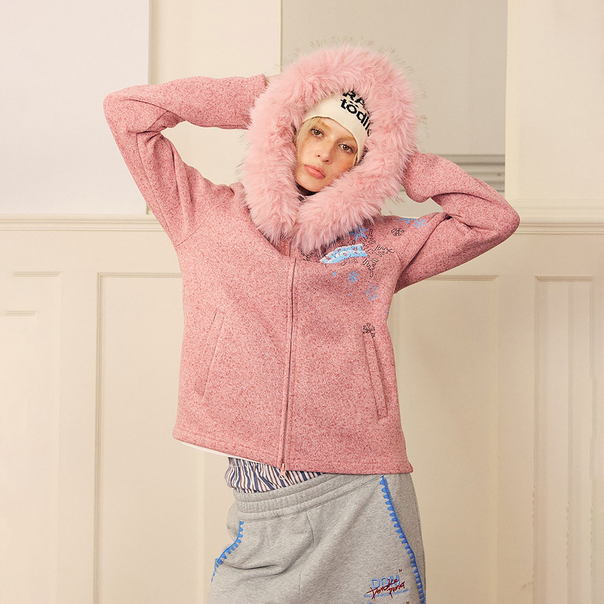 DONSMOKE Snowflake Embroidered Fleece-Lined Zip-Up Hoodie-Jacket-S (Preorder)-Gray-Free Shipping Leatheretro