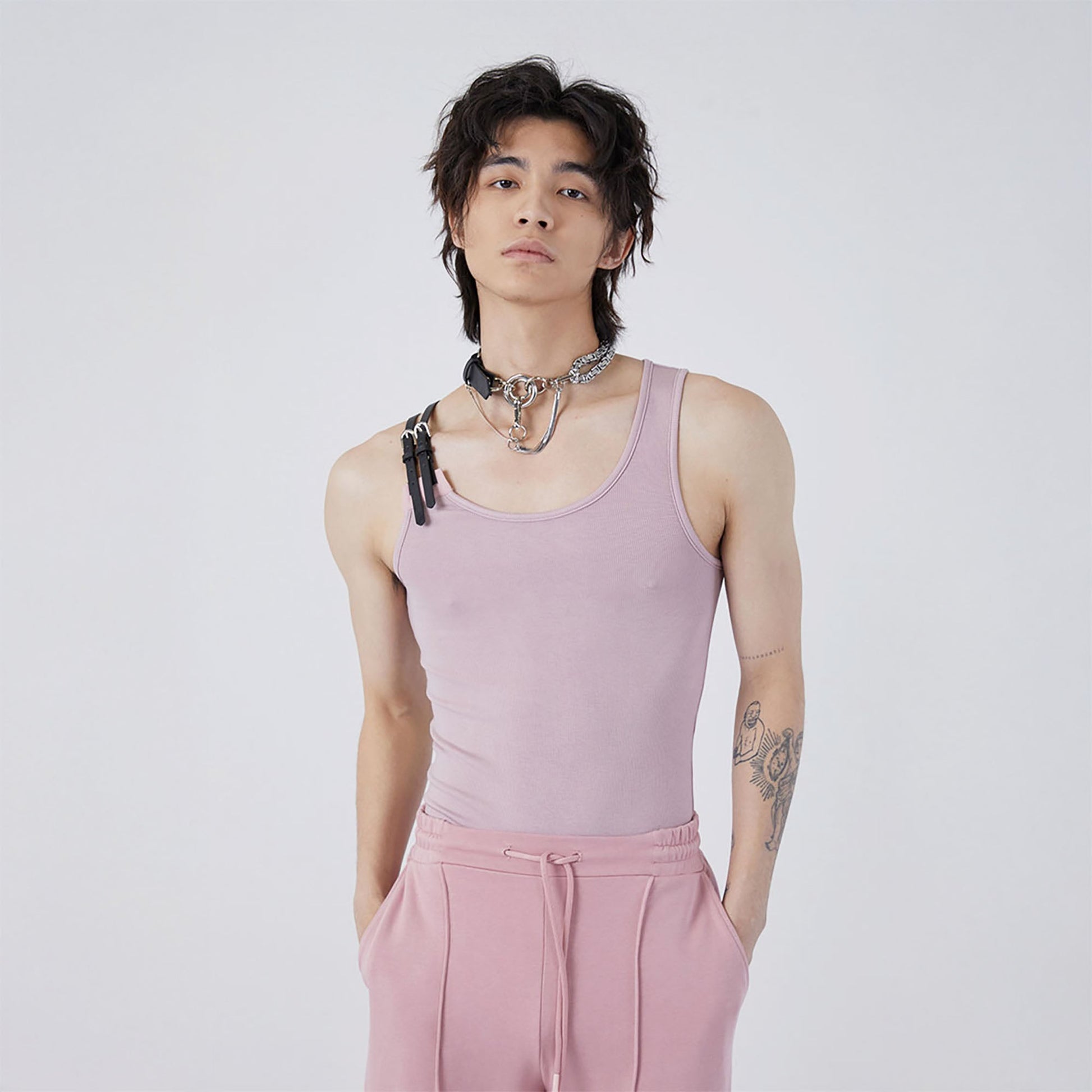 TUIMU Buckle Strap Ribbed Tank Top-Tank Top-M-Pink-Free Shipping Leatheretro