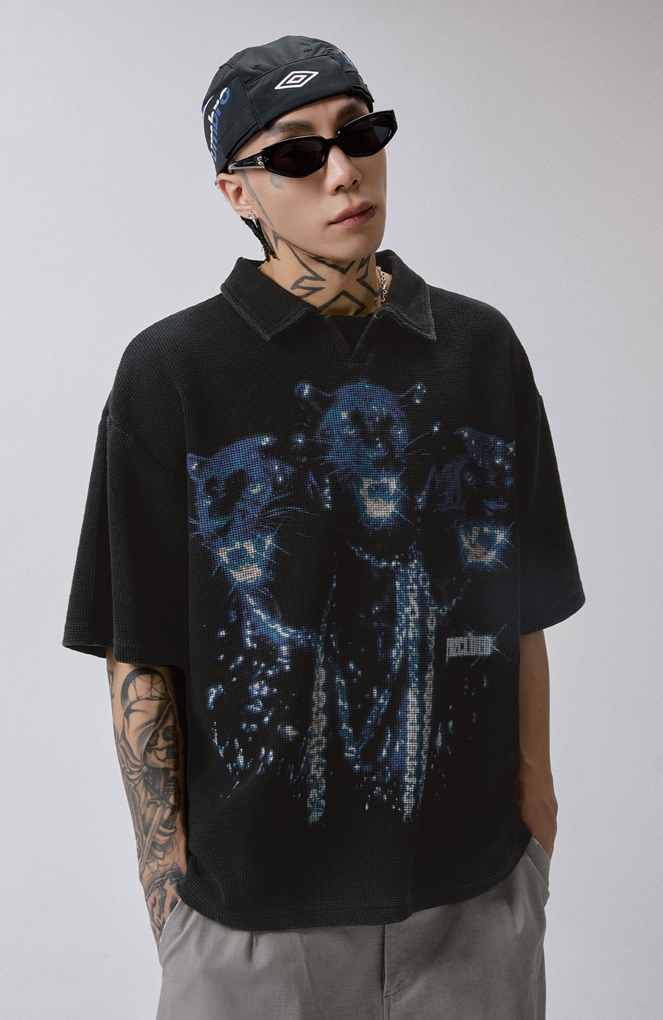 F2CE Distressed Waffle-Knit Graphic Polo-T Shirt-S-Free Shipping Leatheretro