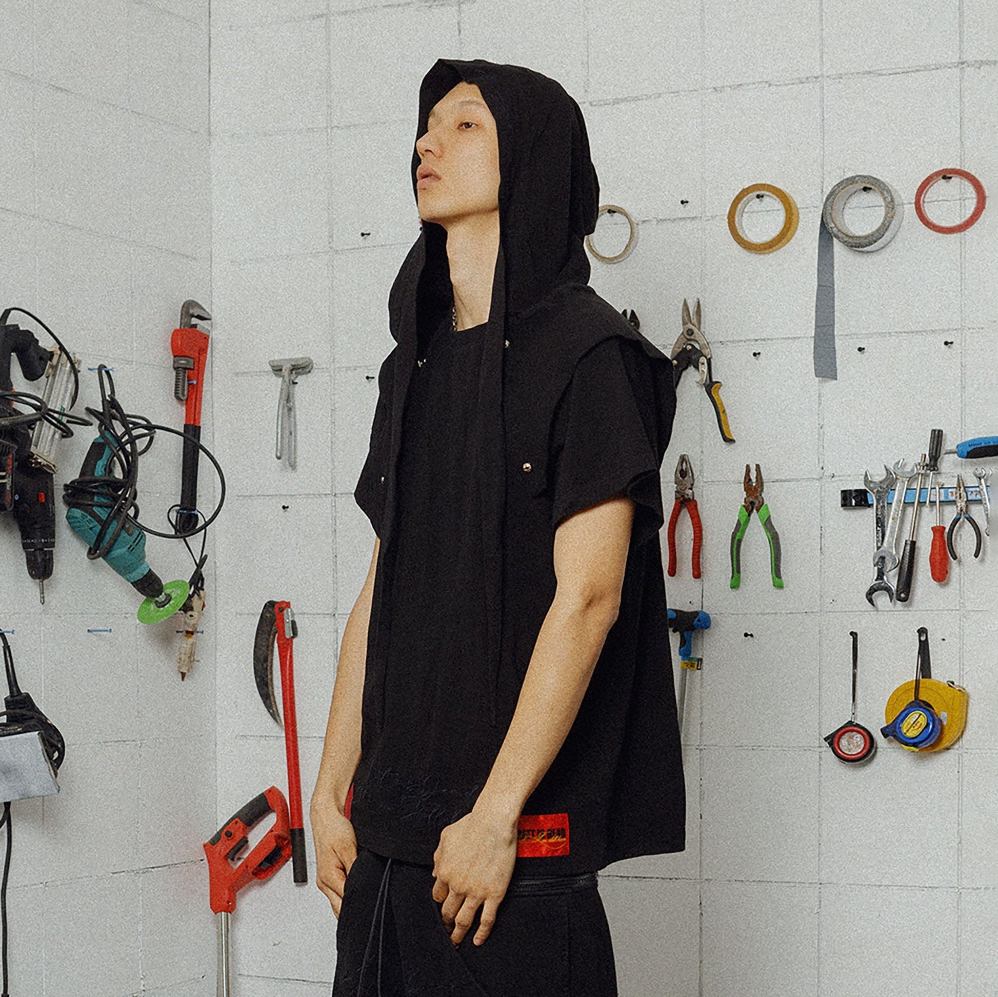 FVVO Distressed Snap-Shoulder Hooded T-Shirt-T Shirt-S-Black-Free Shipping Leatheretro